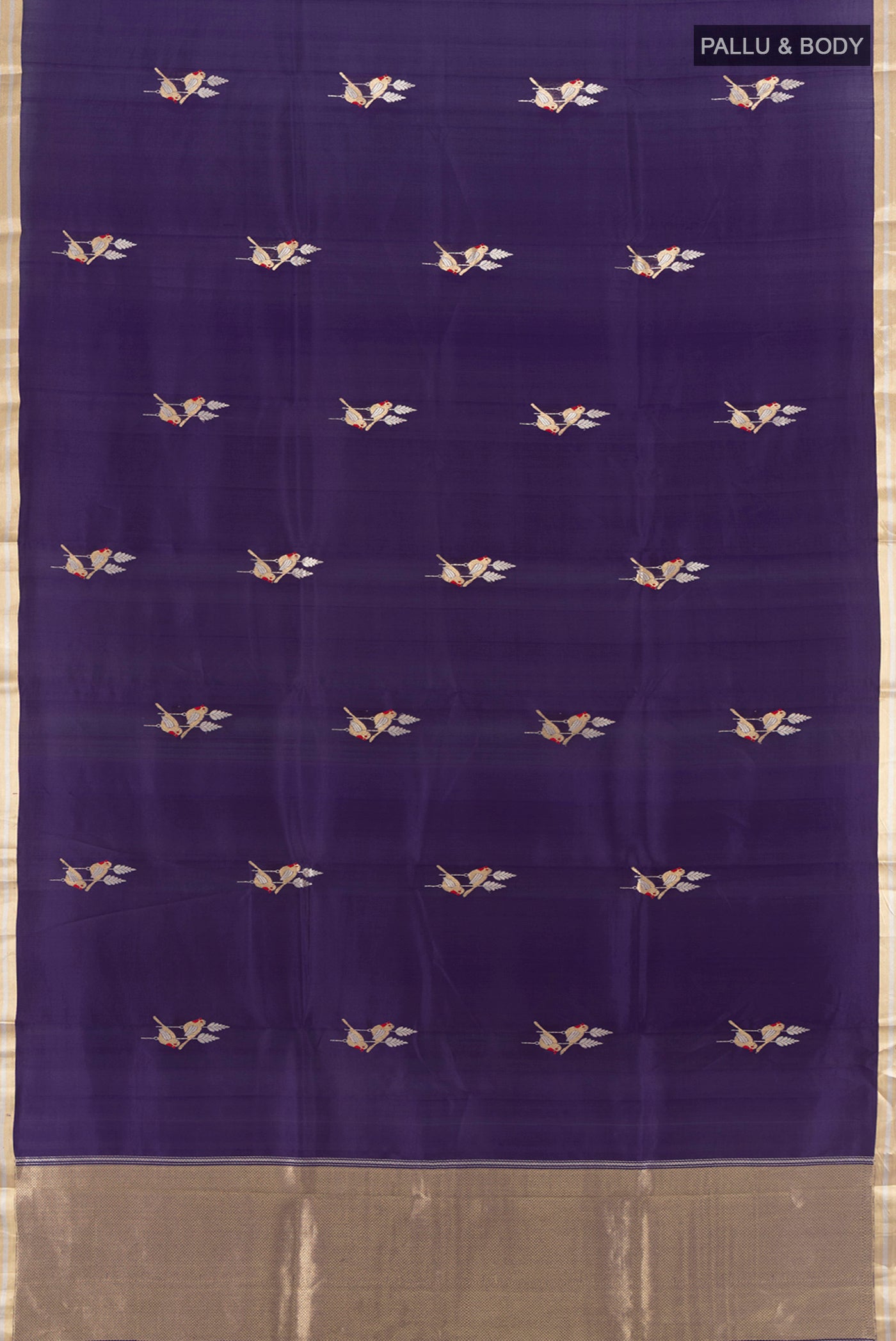 Flat view of Navy Blue Banarasi Katan Silk Saree with Zari Butta on the body and Zari Border. 