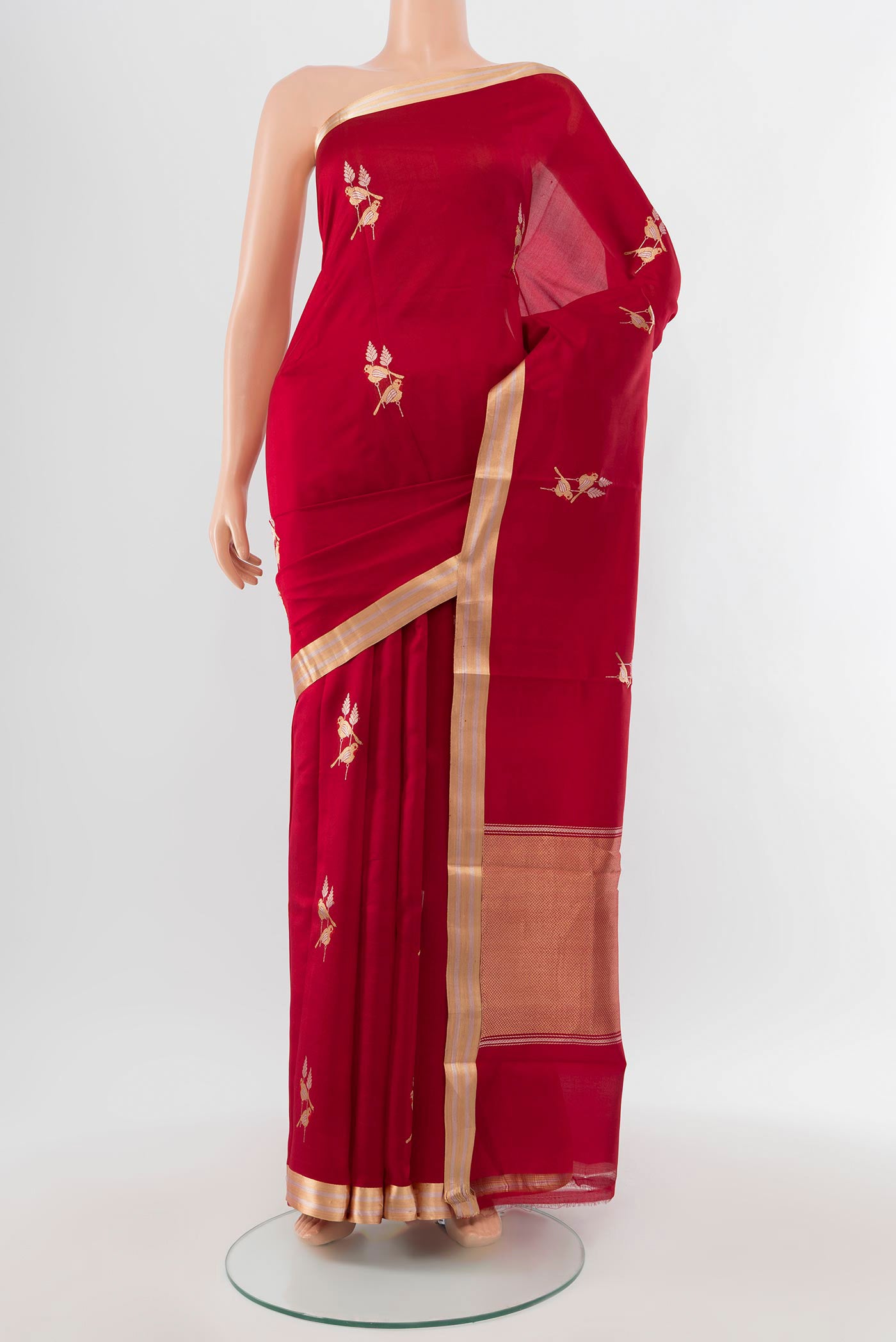 Red Banarasi Katan Silk Saree with Zari Butta on the body and Silk Border.  displayed on a mannequin