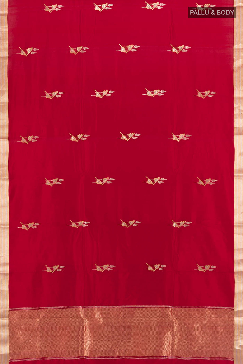 Flat view of Red Banarasi Katan Silk Saree with Zari Butta on the body and Silk Border. 