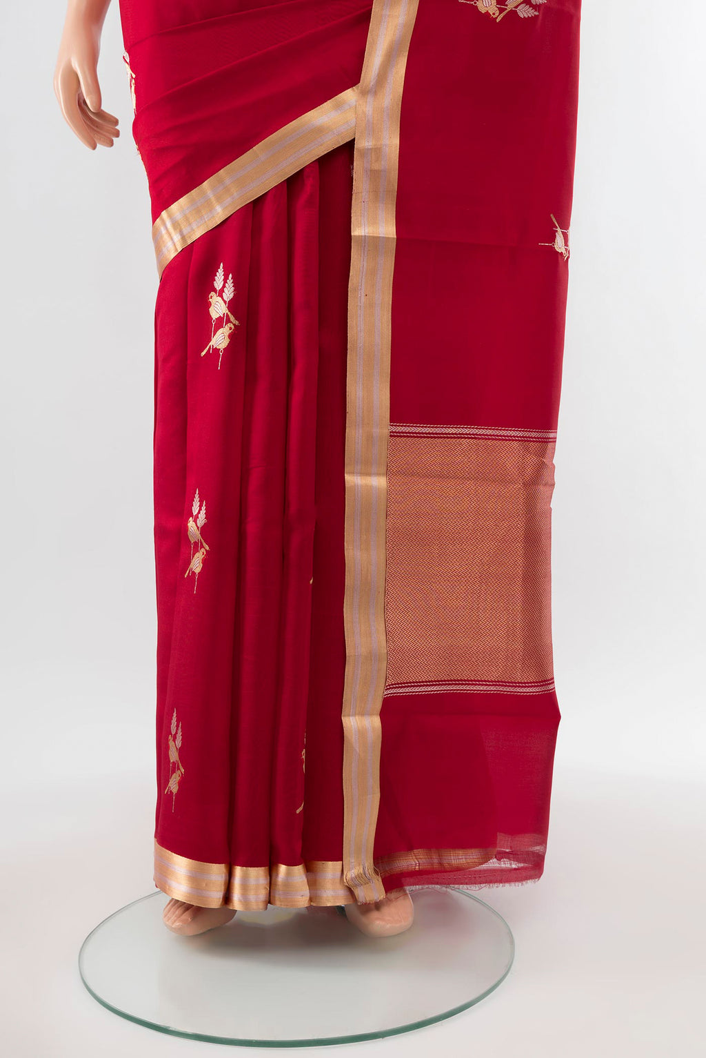 Pleats and pallu of Red Banarasi Katan Silk Saree with Zari Butta on the body and Silk Border. 