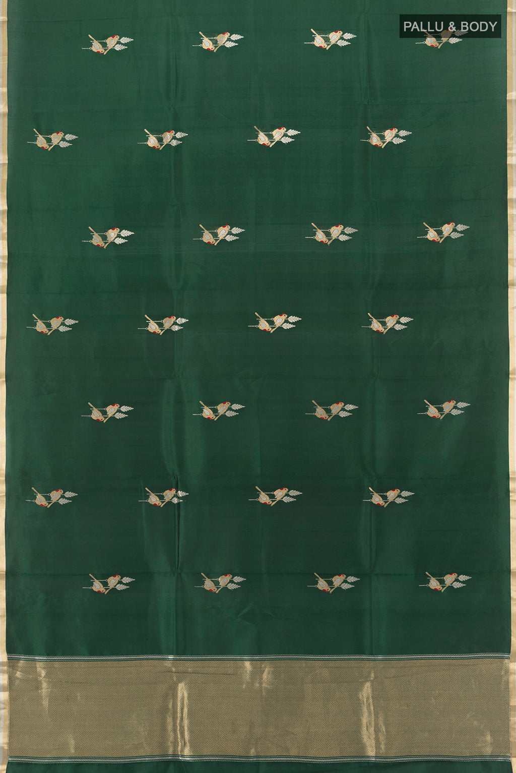Flat view of Bottle Green Banarasi Silk Saree with Zari Butta on the body and Zari Border. 