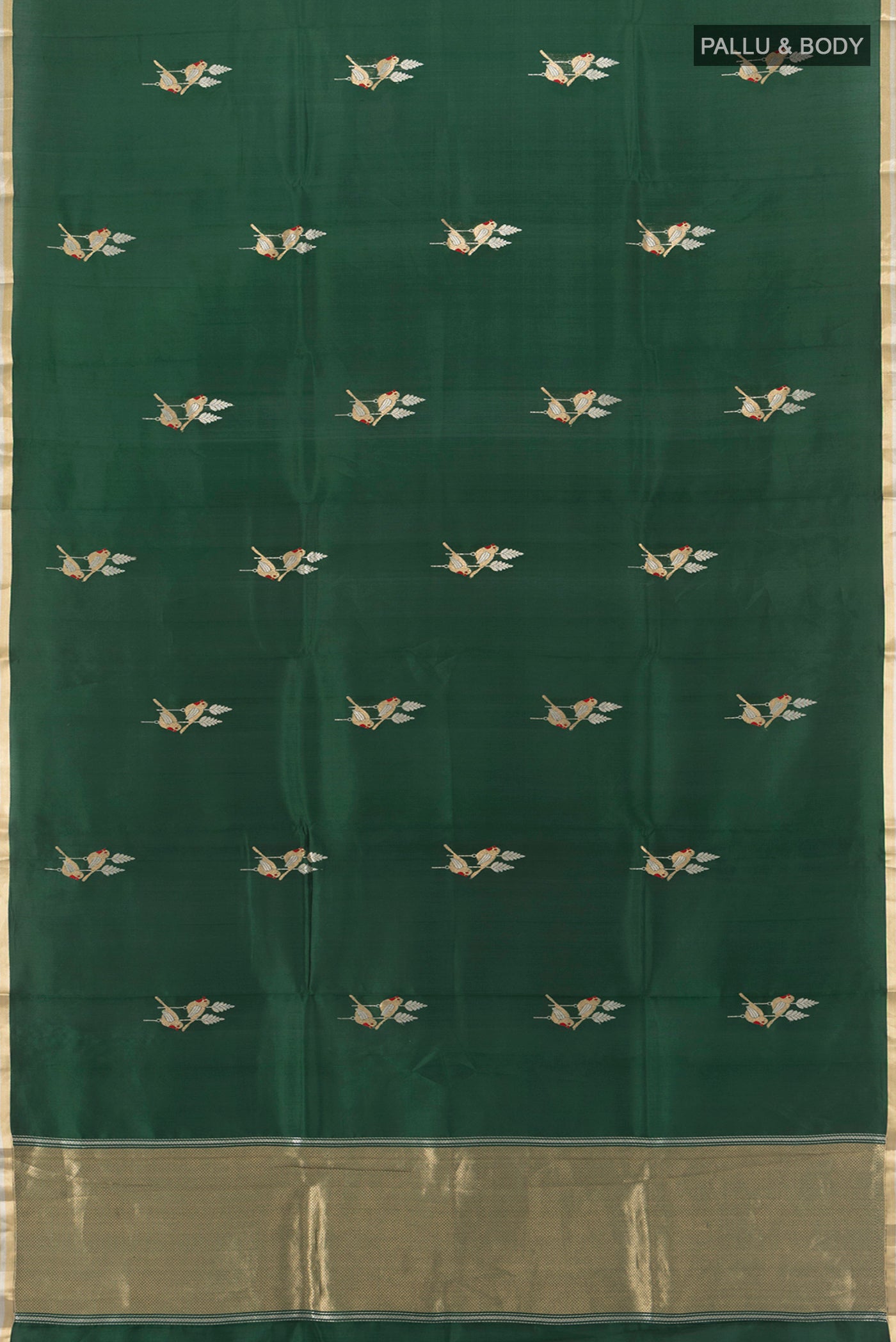 Flat view of Bottle Green Banarasi Silk Saree with Zari Butta on the body and Zari Border. 