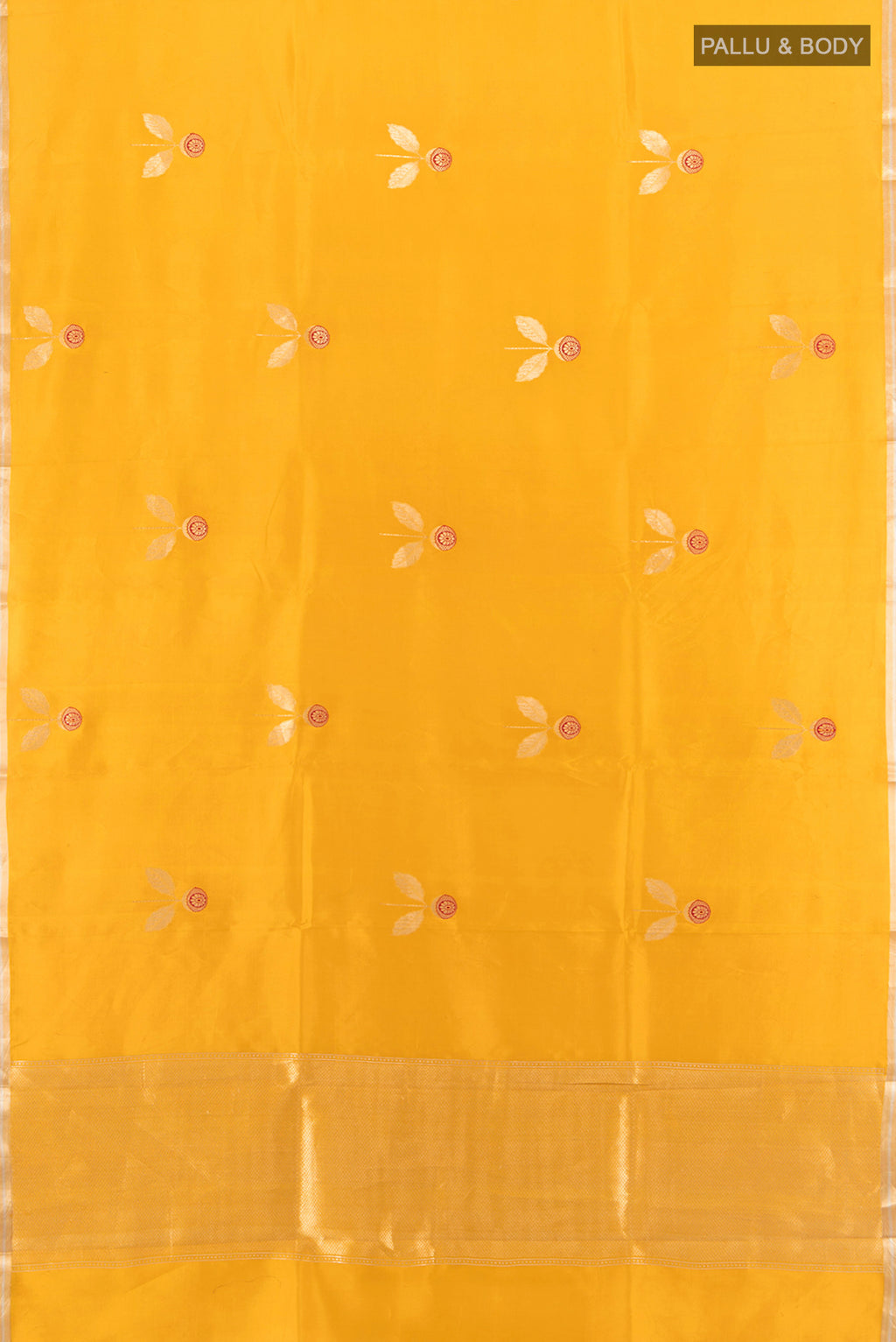 Flat view of Mustard Banarasi Katan Silk Saree with Zari Butta on the body and Silk Border. 