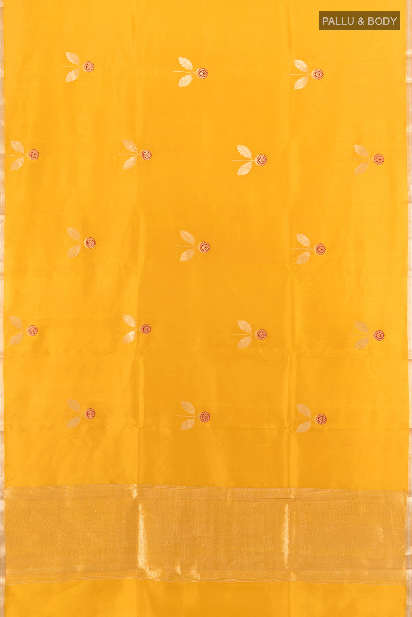 Flat view of Mustard Banarasi Katan Silk Saree with Zari Butta on the body and Silk Border. 