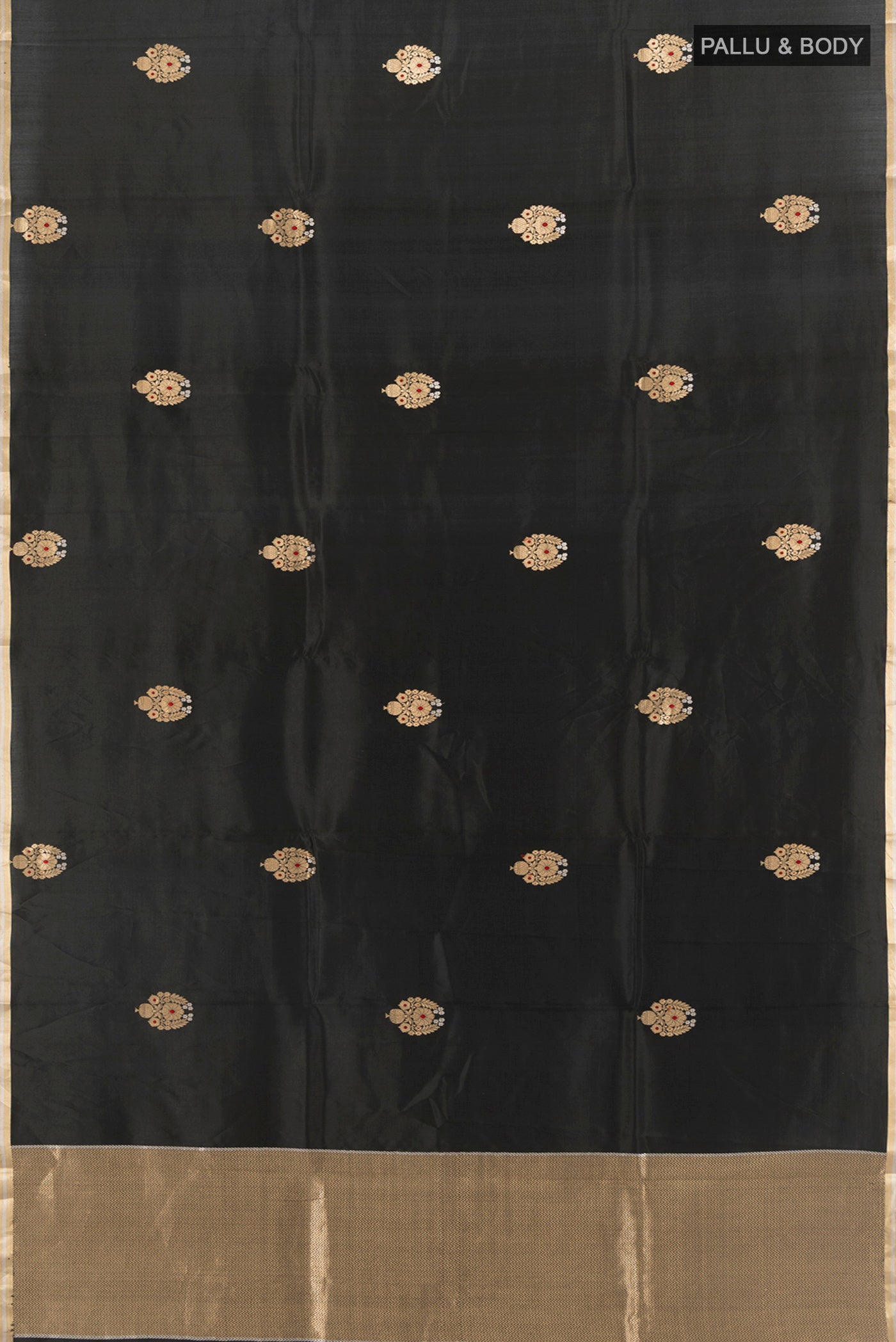 Flat view of Black Banarasi Silk Saree with Zari Butta on the body and Zari Border. 