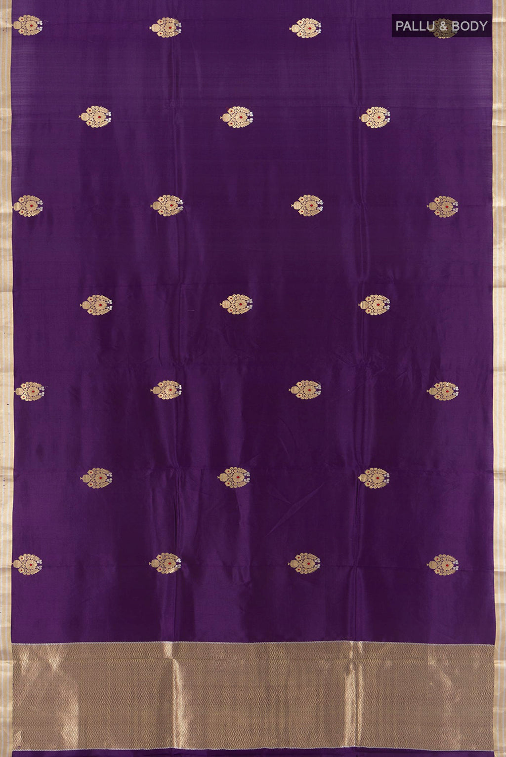 Flat view of Violet Banarasi Katan Silk Saree with Zari Butta on the body and Silk Border. 