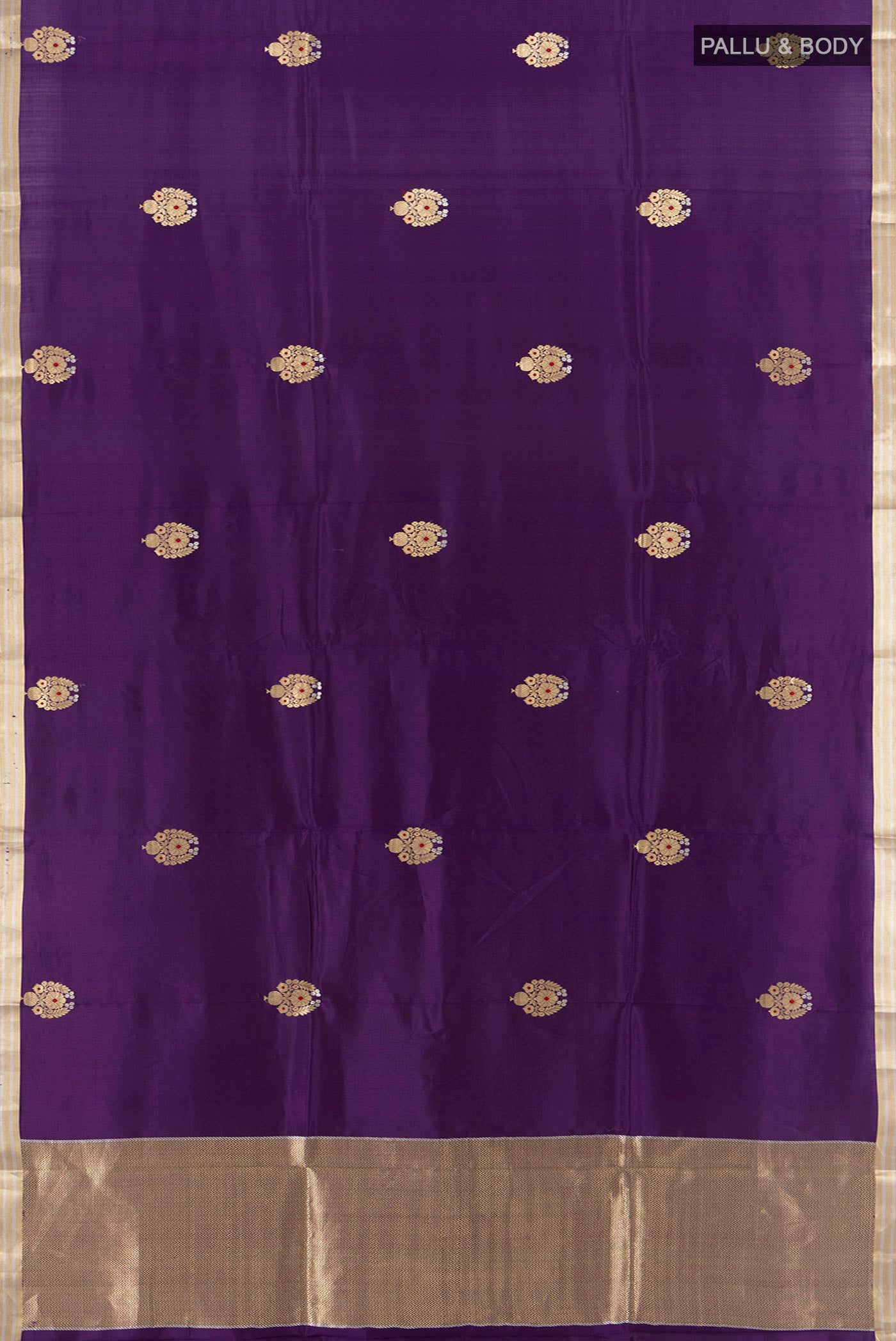 Flat view of Violet Banarasi Katan Silk Saree with Zari Butta on the body and Silk Border. 