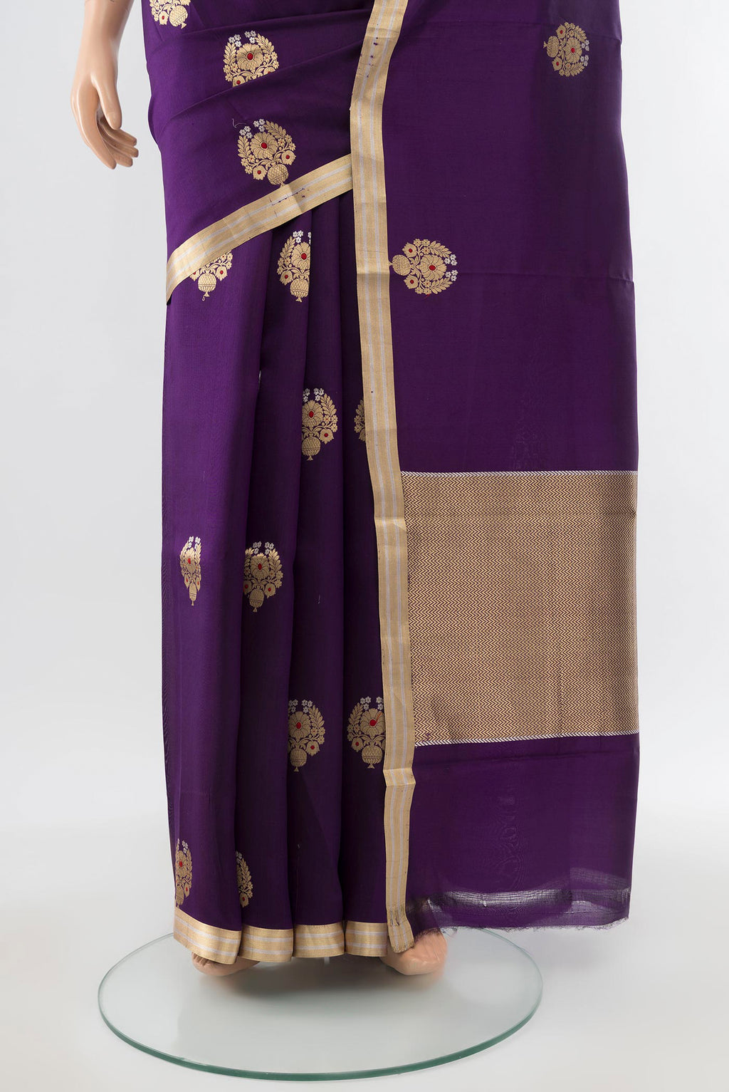 Pleats and pallu of Violet Banarasi Katan Silk Saree with Zari Butta on the body and Silk Border. 
