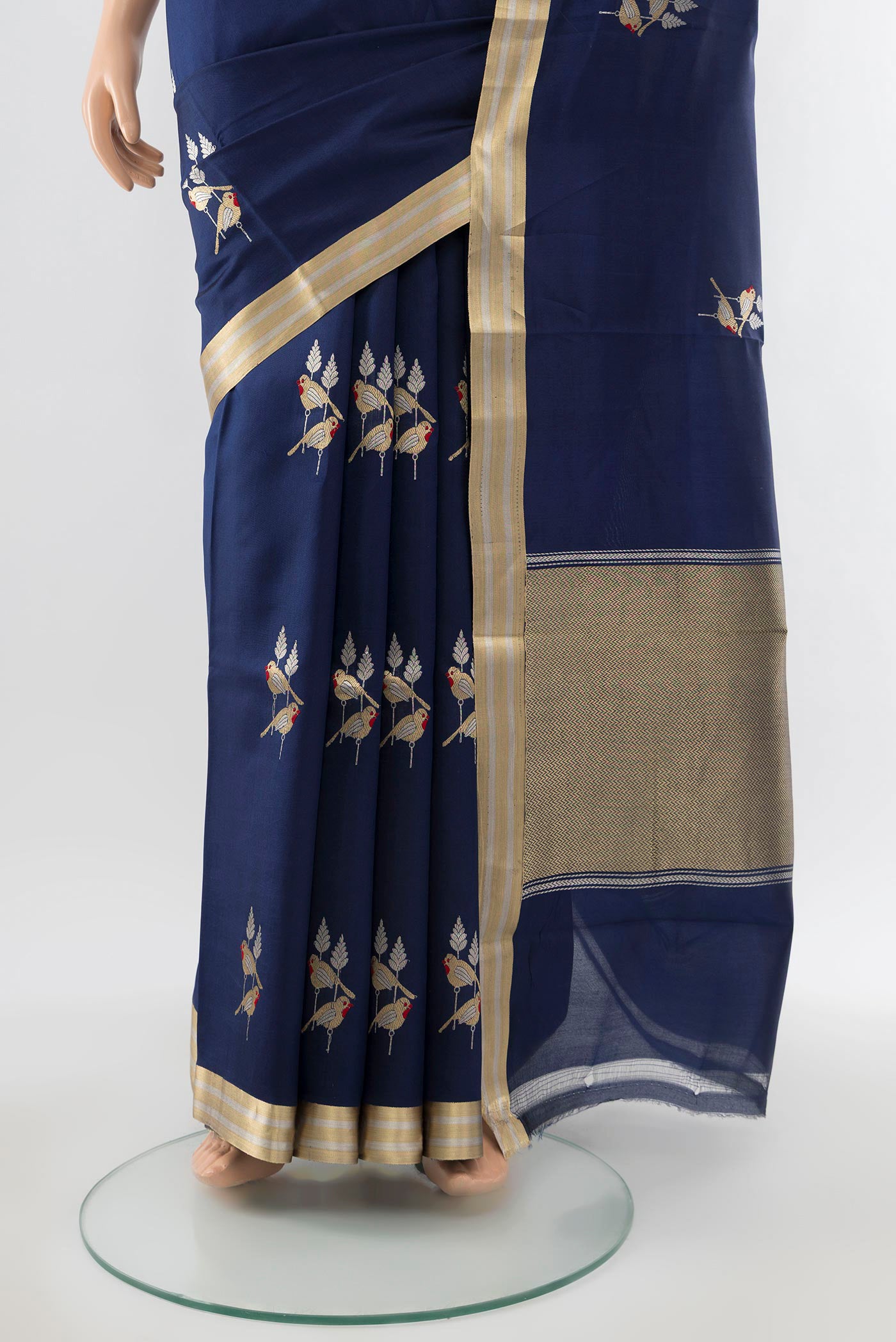 Pleats and pallu of Navy Blue Banarasi Katan Silk Saree with Zari Butta on the body and Silk Border. 