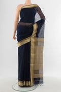 Navy Blue Maheshwari Silk Cotton Saree with Plain Body and Silk Border.  displayed on a mannequin