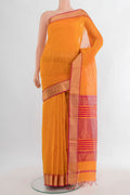 Orange Maheshwari Cotton Saree with Plain Body and Zari Border.  displayed on a mannequin