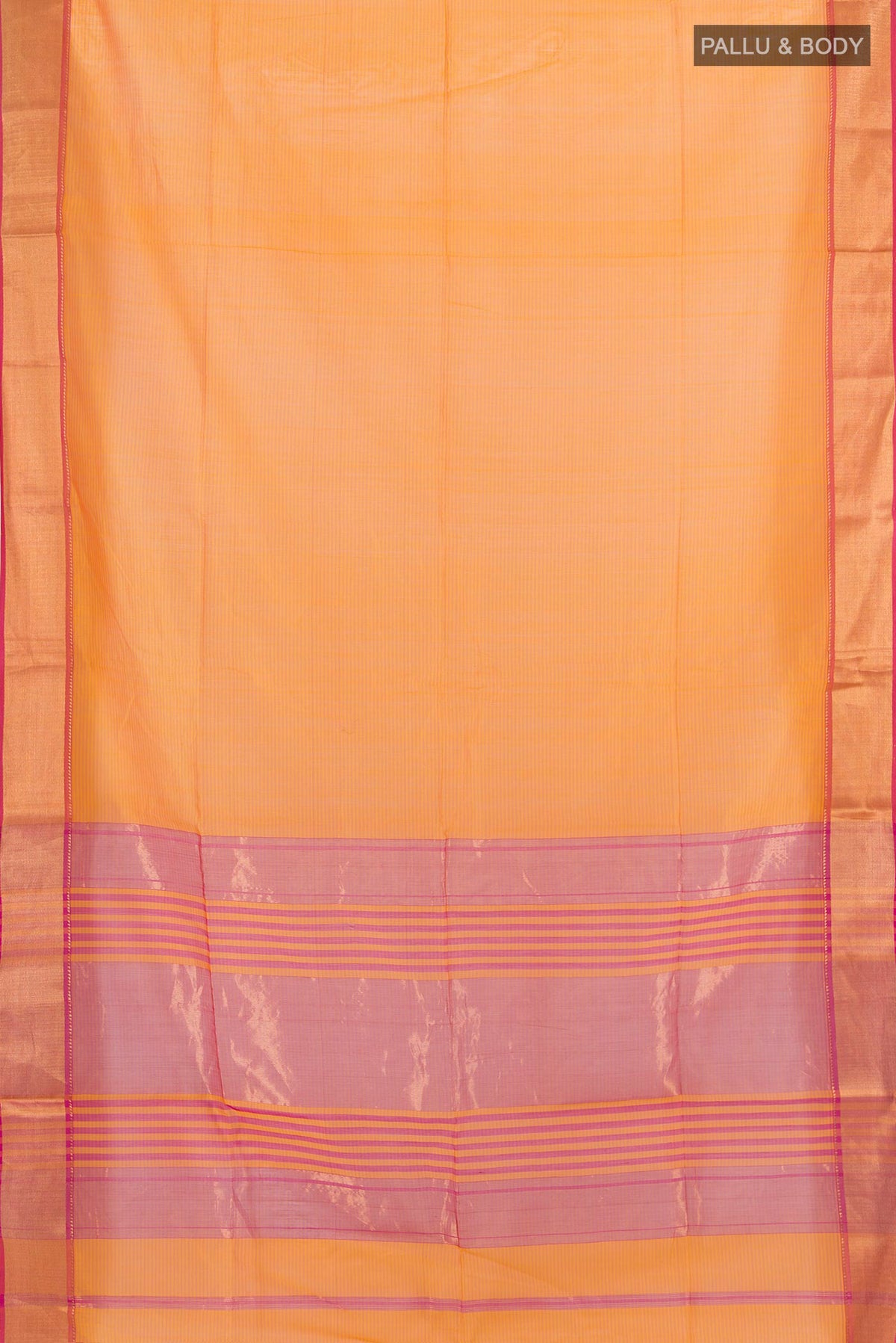 Flat view of Orange Maheshwari Cotton Saree with Plain Body and Zari Border. 