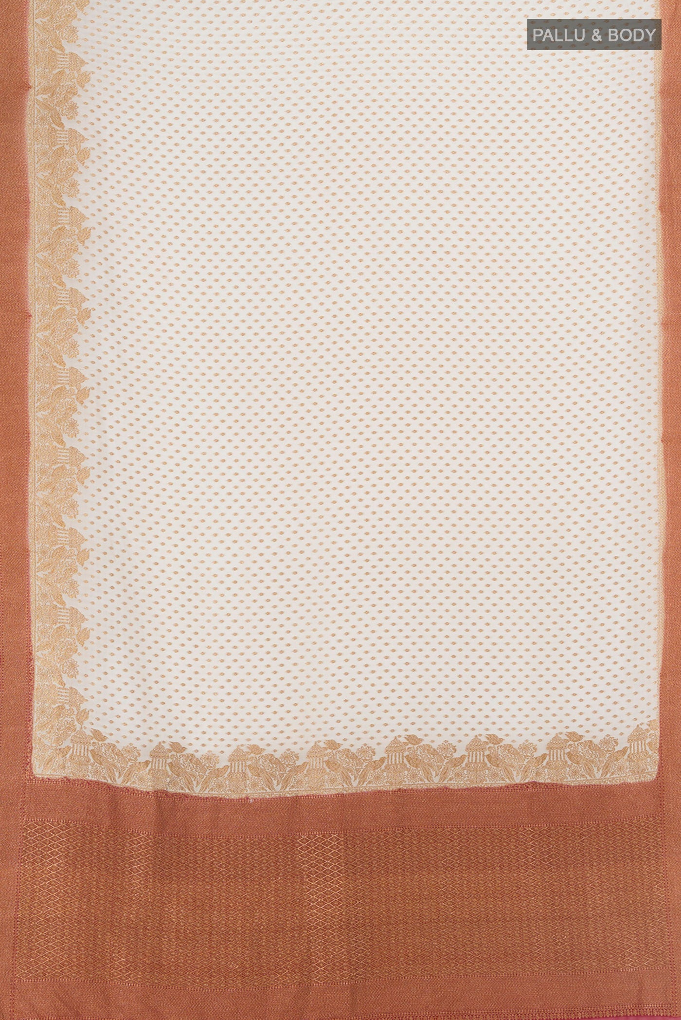 Flat view of Off White Banarasi Georgette Saree with Zari Butta on the body and Zari Border. 
