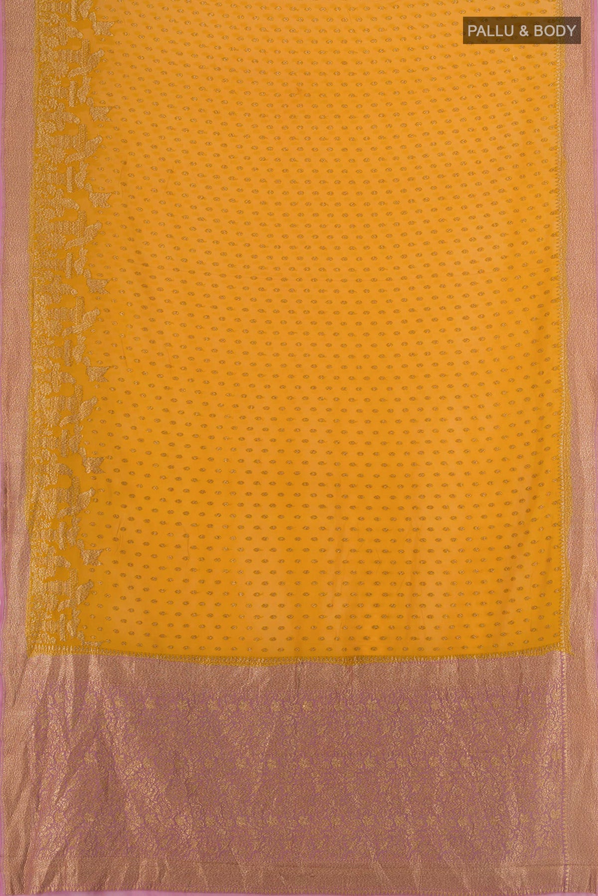 Flat view of Yellow Banarasi Georgette Saree with Zari Butta on the body and Zari Border. 