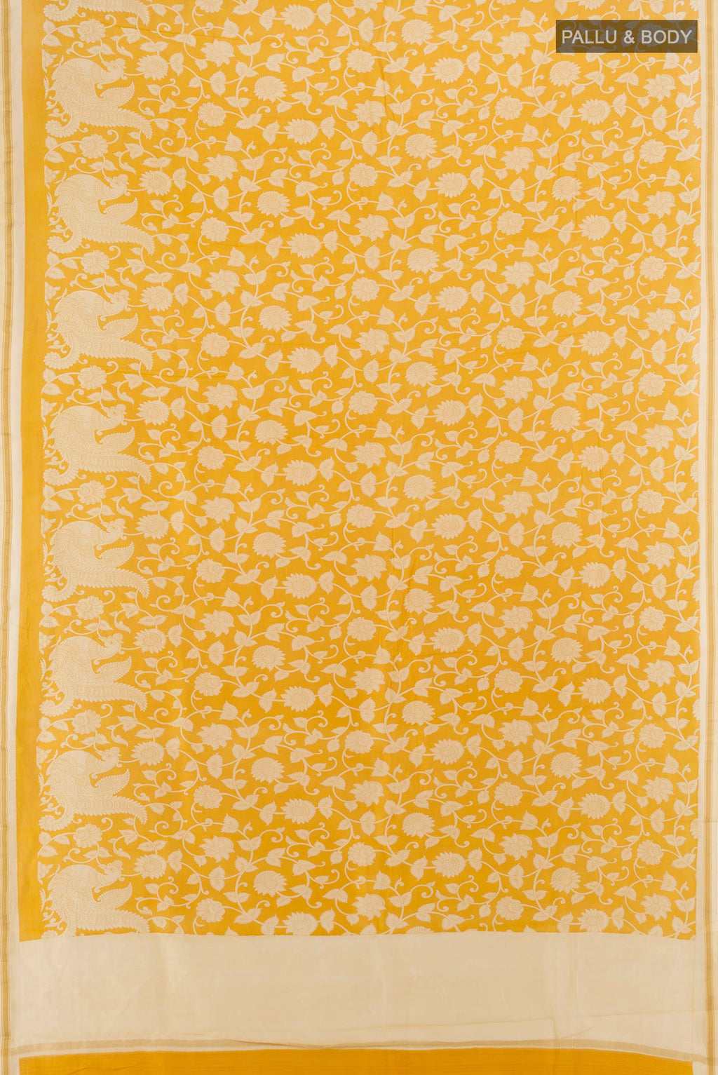 Flat view of Yellow Maheshwari Silk Cotton Saree with Floral Print on the body and Zari Border. 