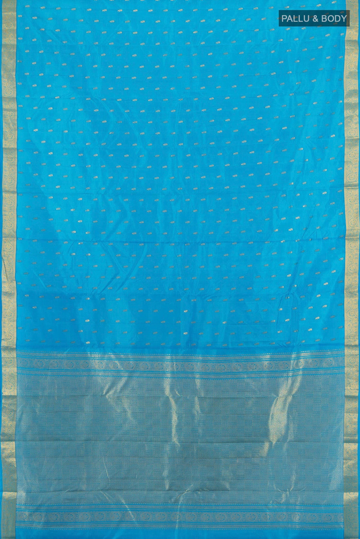 Flat view of Pure Silk Light Blue Kanchipuram Saree with Zari Butta on the body and Zari Border. 