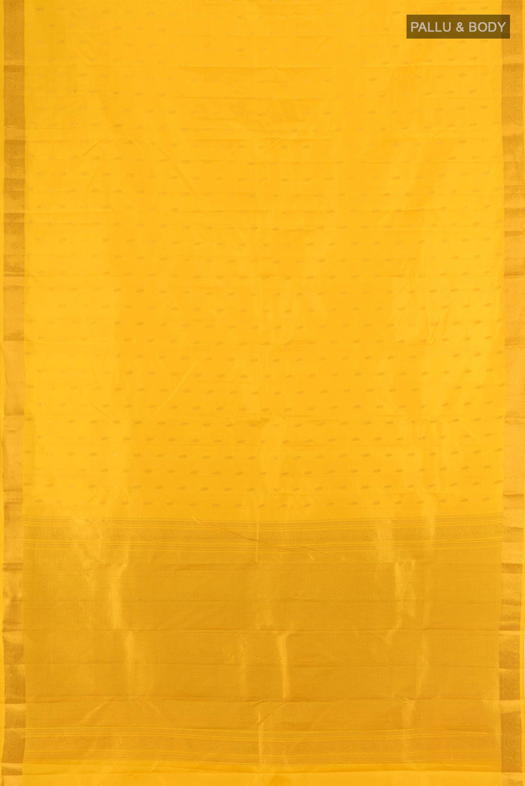 Flat view of Yellow Kanchipuram Silk Saree with Zari Butta on the body and Zari Border. 