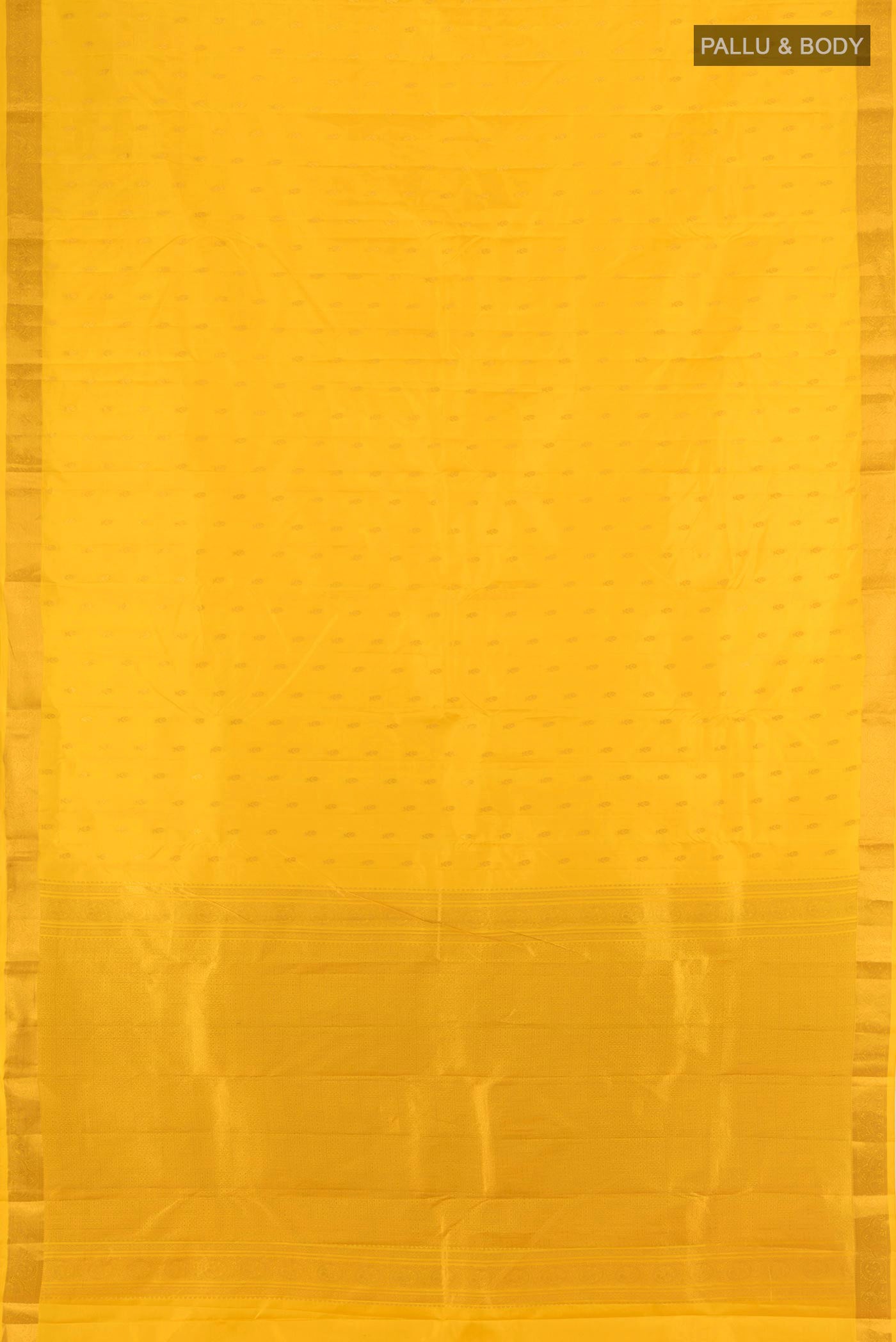 Flat view of Yellow Kanchipuram Silk Saree with Zari Butta on the body and Zari Border. 