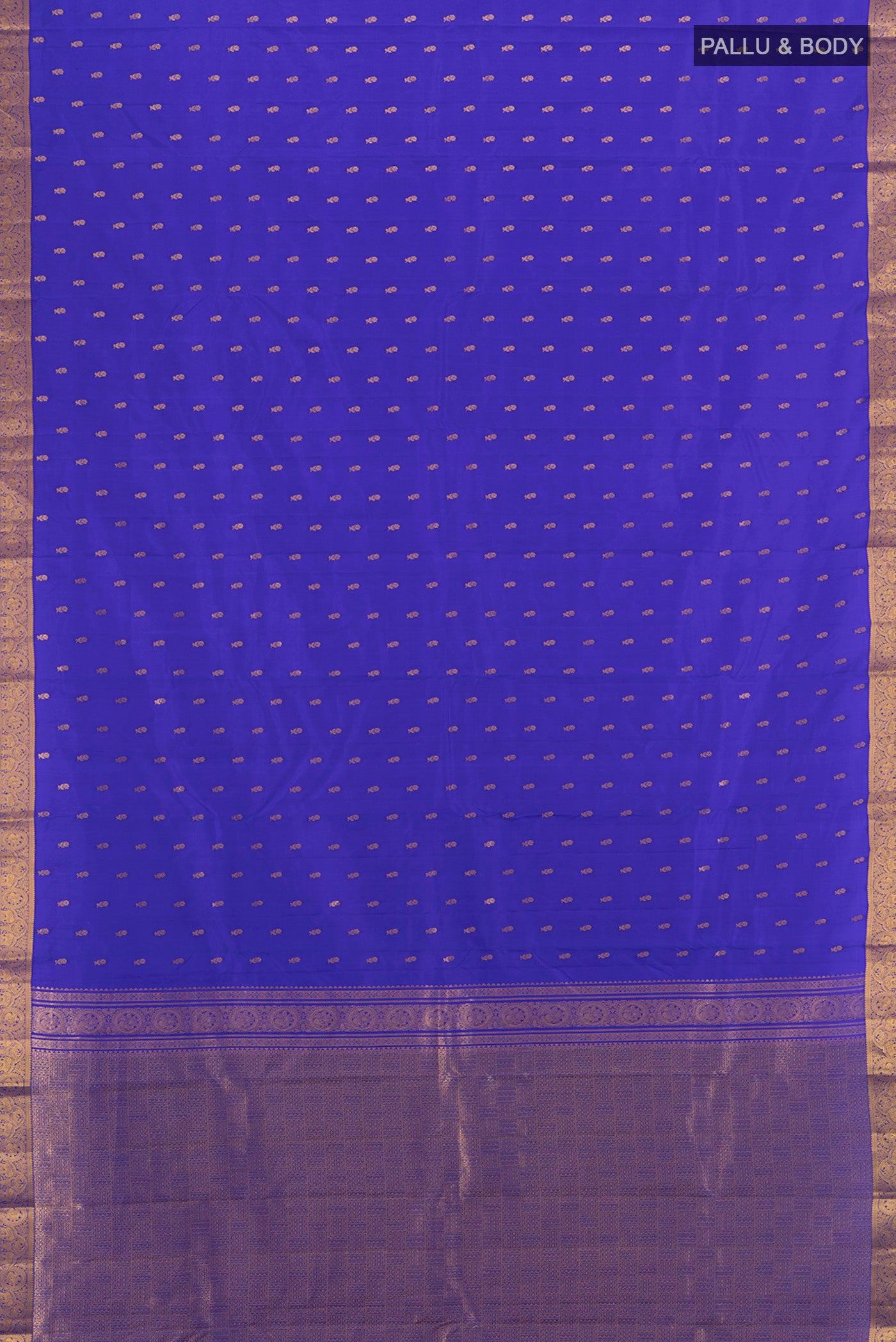 Flat view of Royal Blue Kanchipuram Silk Saree with Zari Butta on the body and Zari Border. 