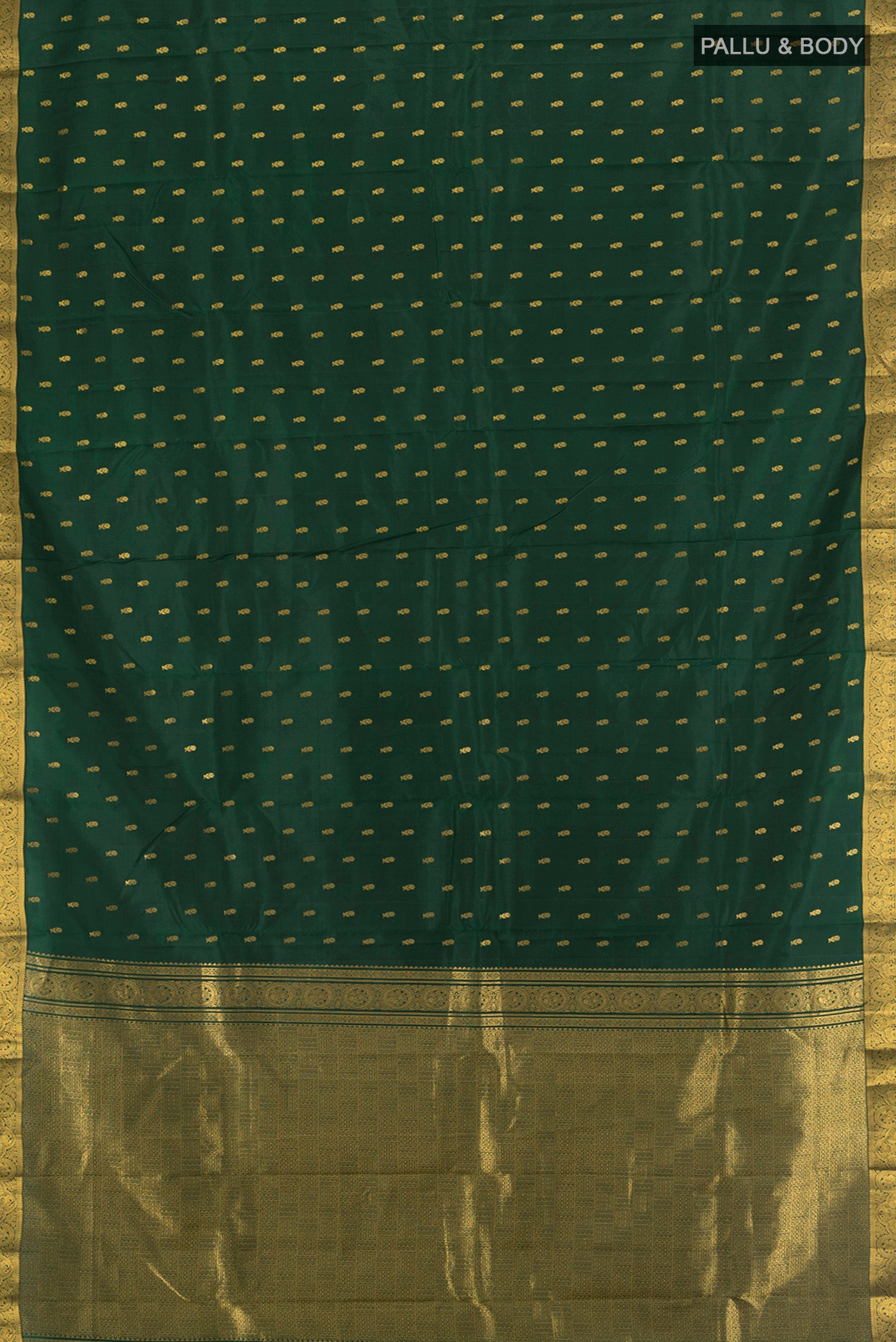 Flat view of Mint Green Kanchipuram Silk Saree with Zari Butta on the body and Silk Border. 