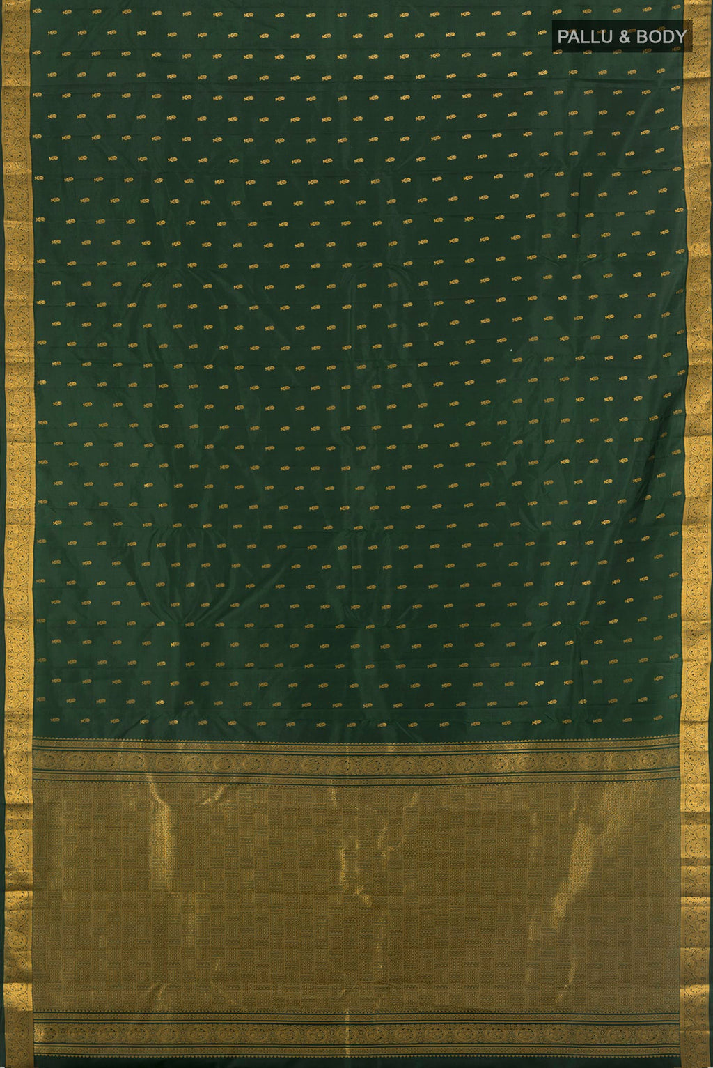 Flat view of Bottle Green Kanchipuram Silk Saree with Zari Butta on the body and Zari Border. 