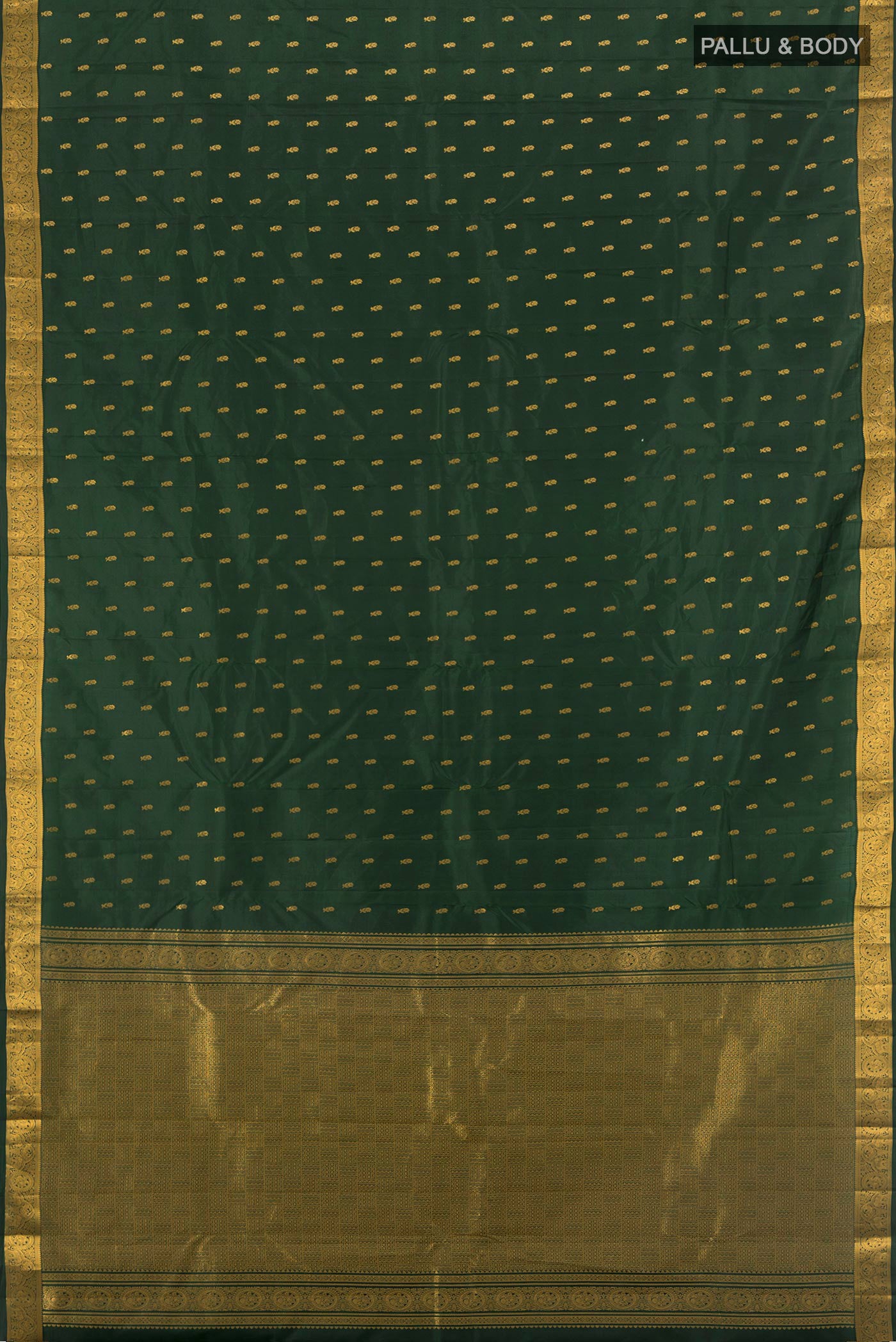 Flat view of Bottle Green Kanchipuram Silk Saree with Zari Butta on the body and Zari Border. 