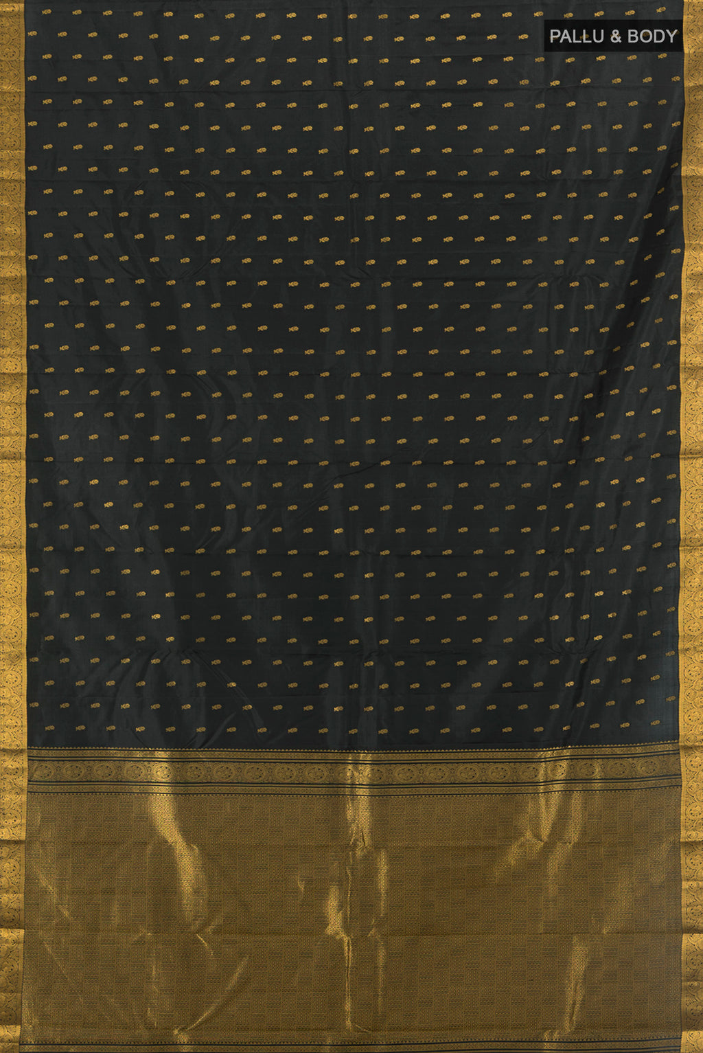 Flat view of Black Kanchipuram Silk Saree with Zari Butta on the body and Zari Border. 