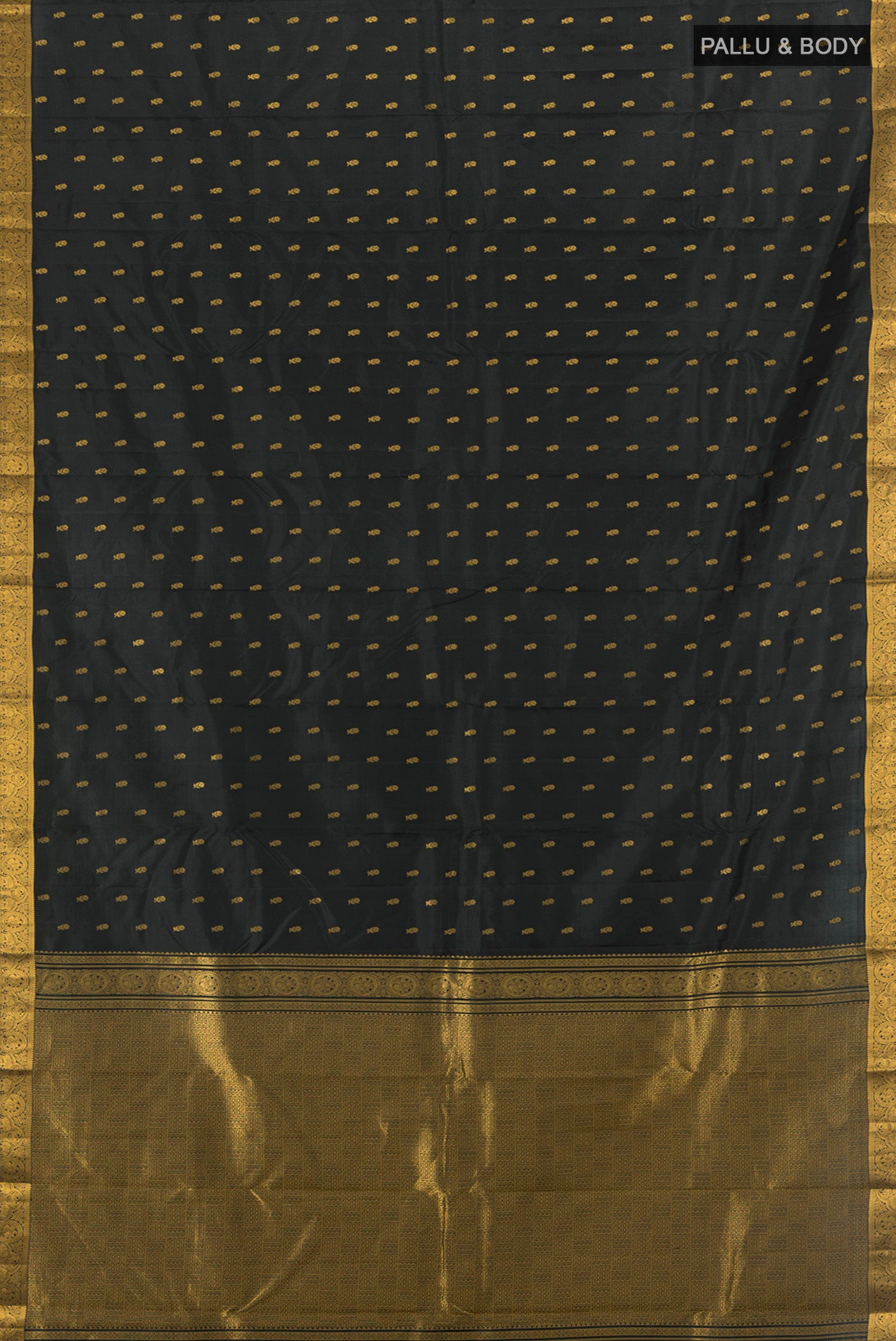 Flat view of Black Kanchipuram Silk Saree with Zari Butta on the body and Zari Border. 