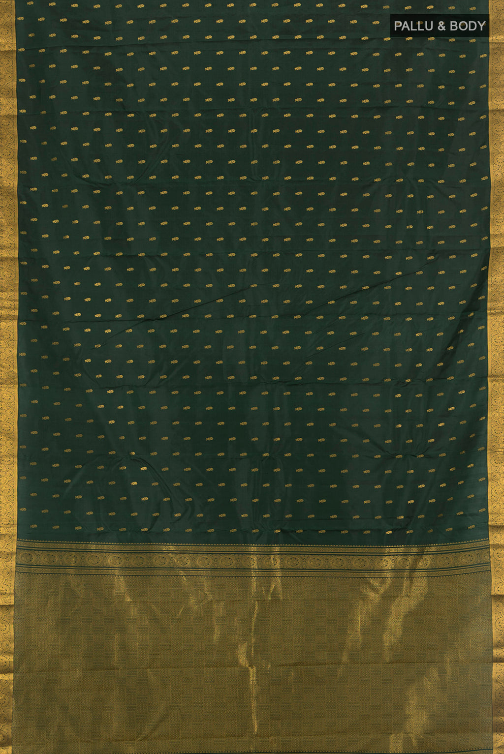 Flat view of Bottle Green Kanchipuram Silk Saree with Zari Butta on the body and Zari Border. 