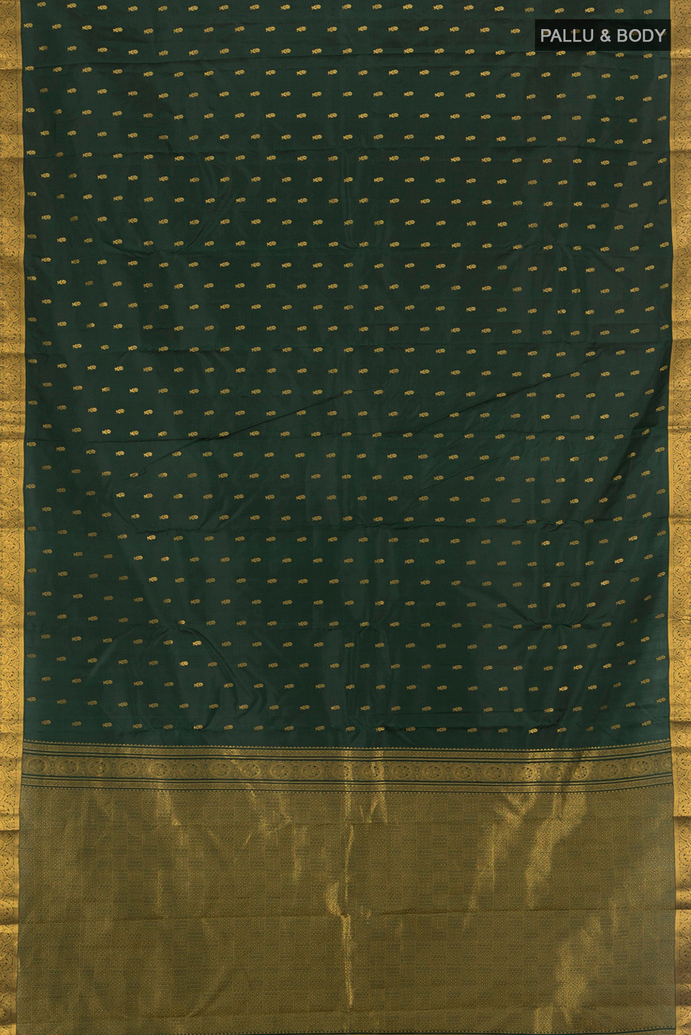Flat view of Bottle Green Kanchipuram Silk Saree with Zari Butta on the body and Zari Border. 