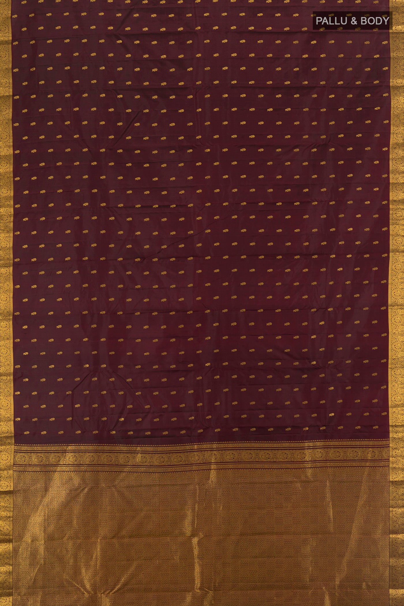 Flat view of Coffee Brown Kanchipuram Silk Saree with Zari Butta on the body and Zari Border. 
