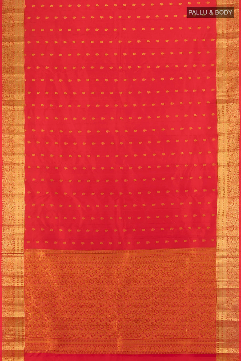 Flat view of Red Kanchipuram Silk Saree with Zari Butta on the body and Zari Border. 