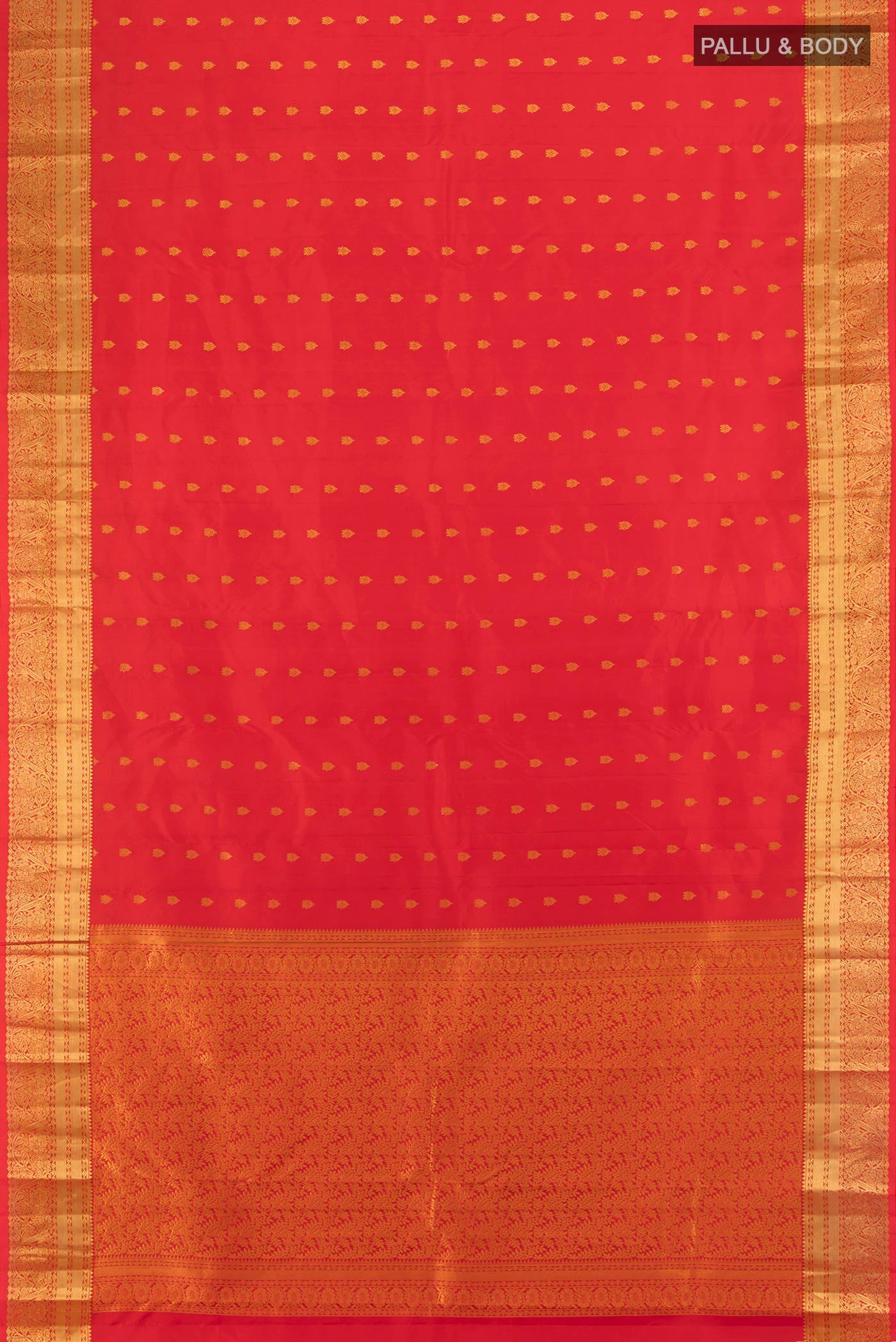 Flat view of Red Kanchipuram Silk Saree with Zari Butta on the body and Zari Border. 