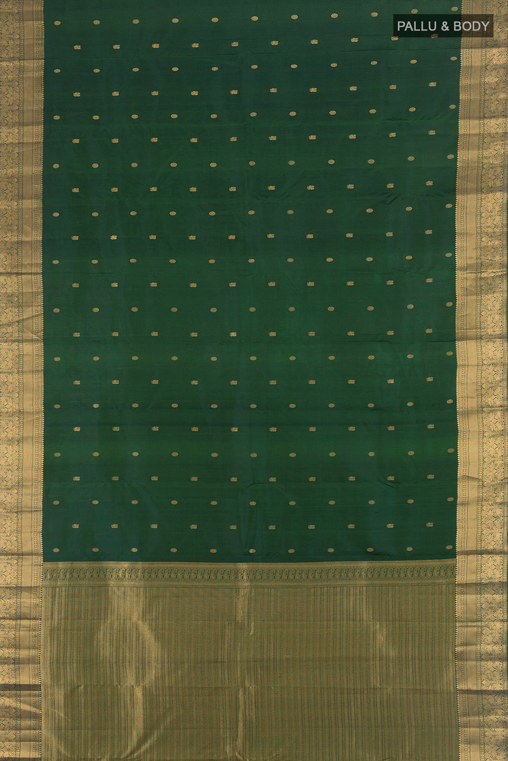 Flat view of Pure Silk Pure Zari Bottle Green Kanchipuram Saree with Zari Butta on the body and Silk Border. 