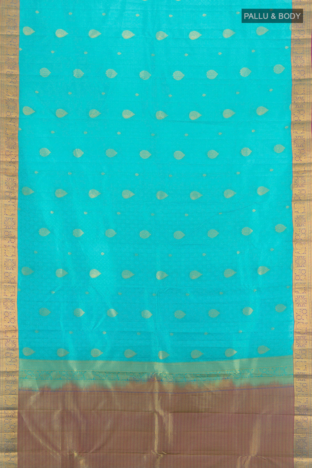 Flat view of Light Blue Kanchipuram Silk Saree with Jacquard With Zari Butta on the body and Zari Border. 