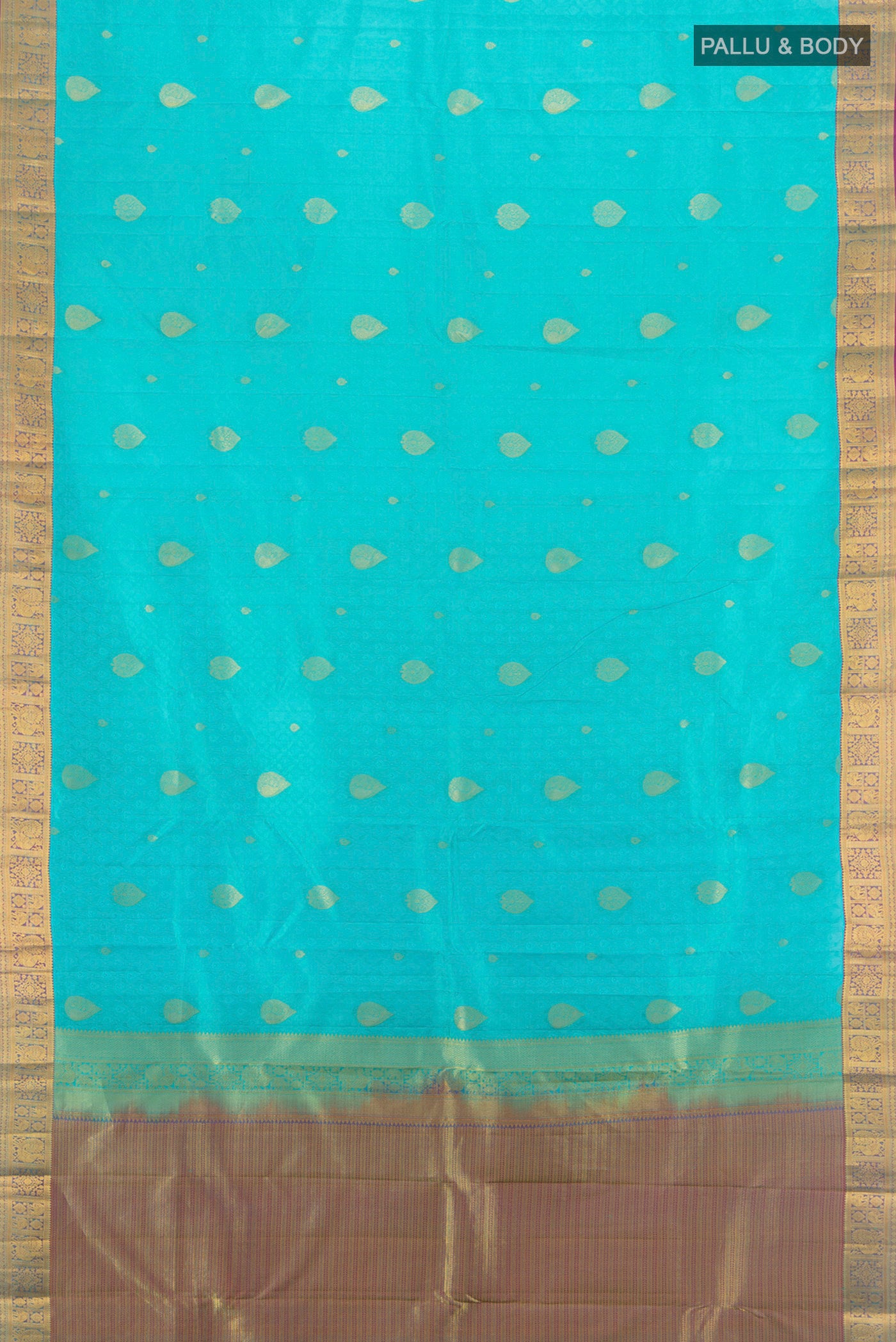 Flat view of Light Blue Kanchipuram Silk Saree with Jacquard With Zari Butta on the body and Zari Border. 