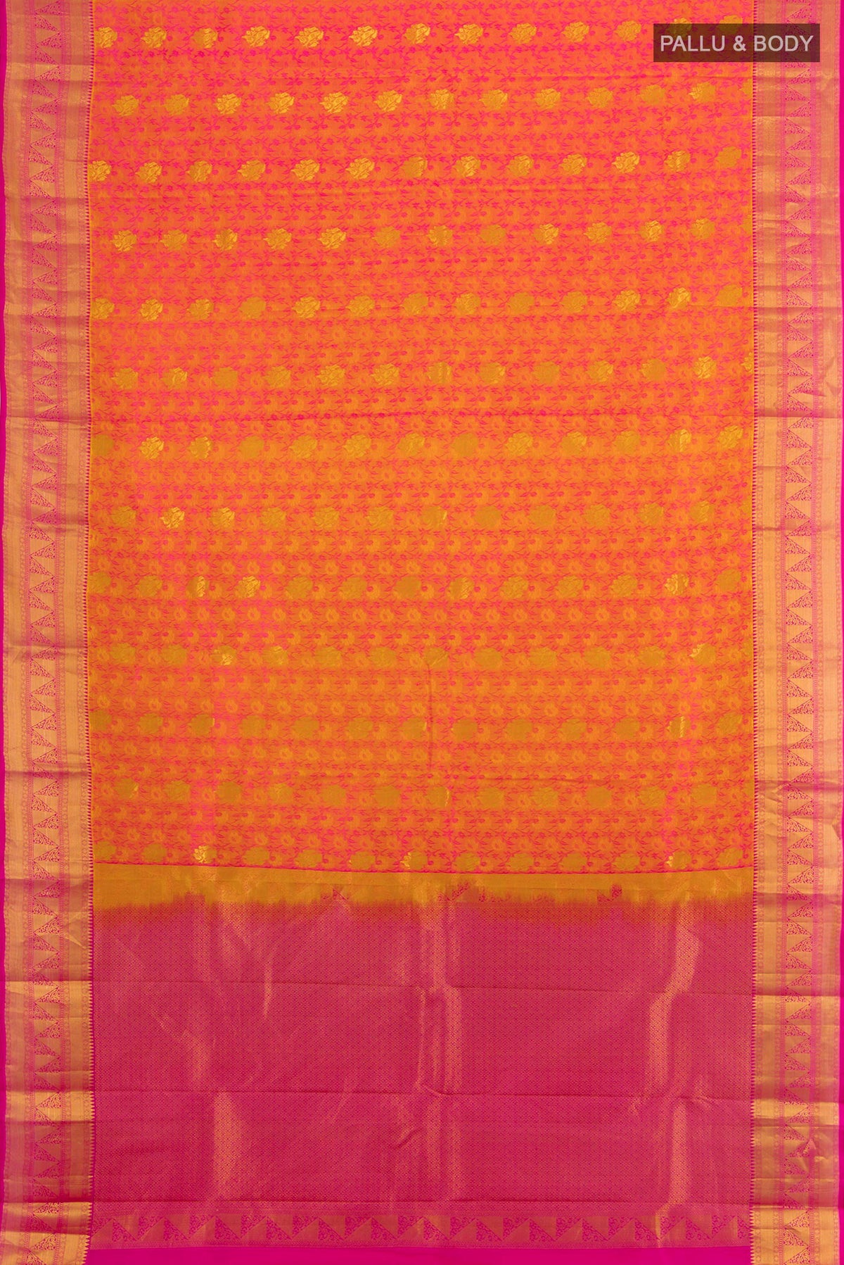 Flat view of Pure Silk Pinkish Yellow Kanchipuram Saree with Jacquard With Zari Butta on the body and Zari Border. 