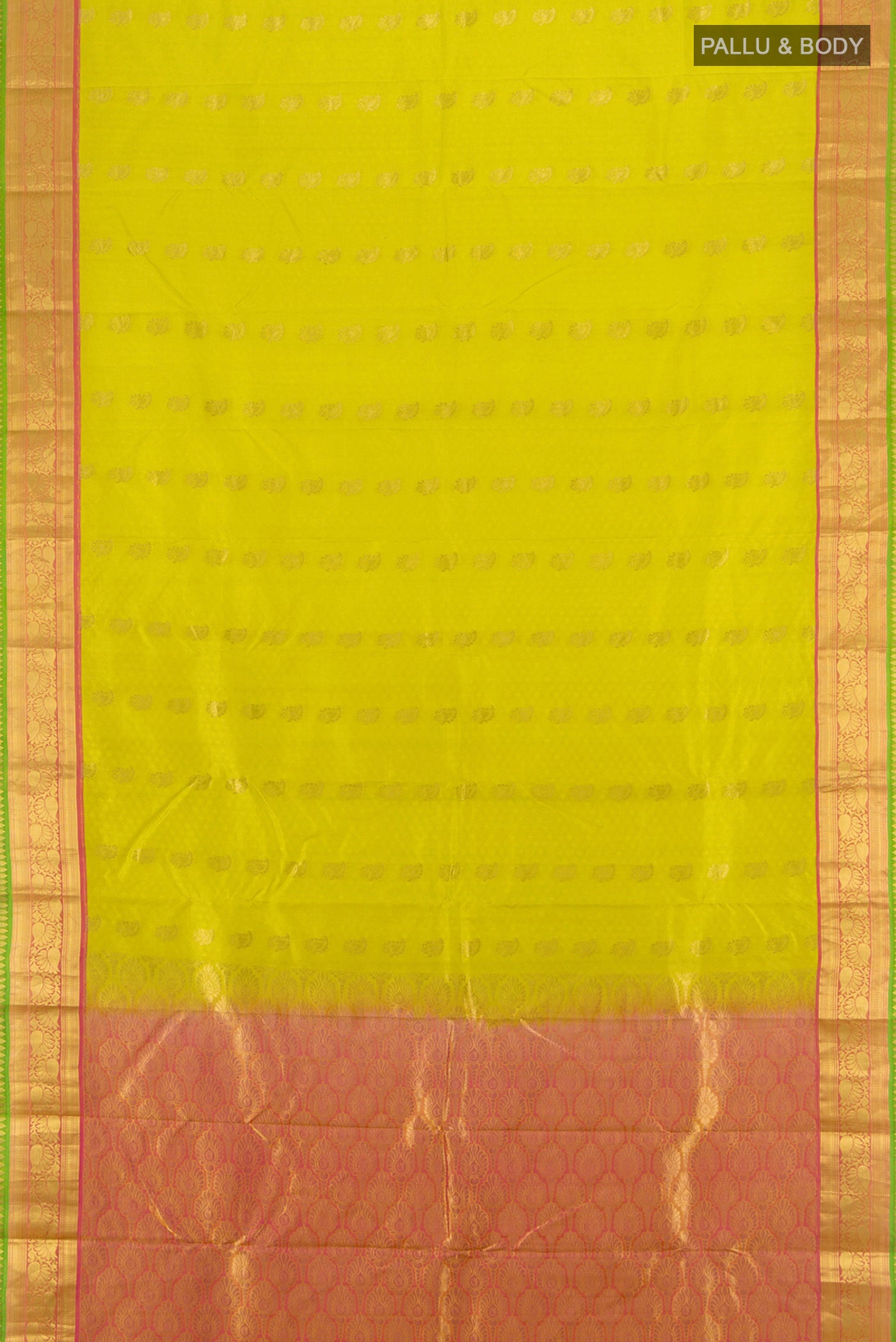 Flat view of Parrot Green Kanchipuram Silk Saree with Jacquard With Zari Butta on the body and Zari Border. 