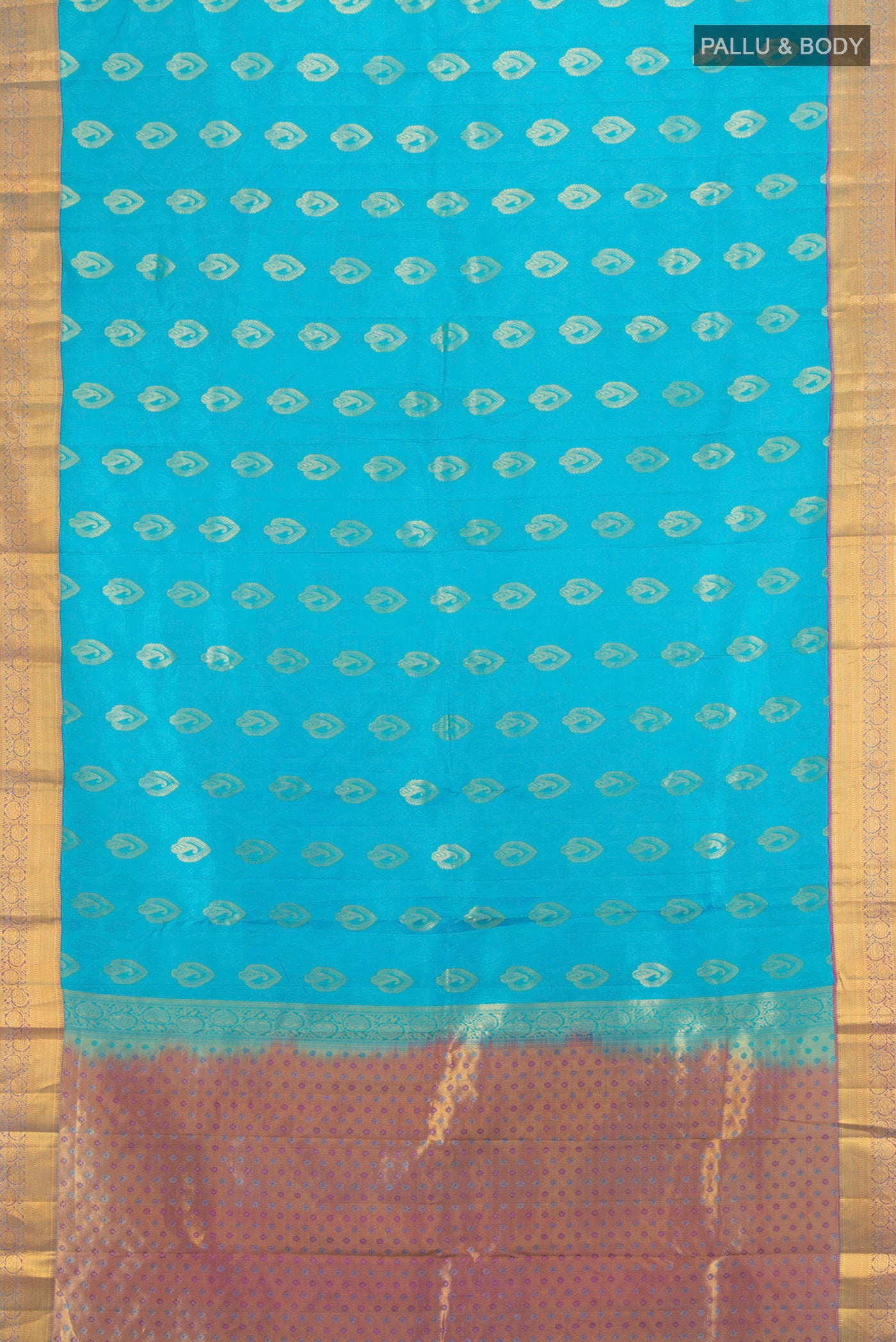 Flat view of Light Blue Kanchipuram Silk Saree with Jacquard With Zari Butta on the body and Zari Border. 