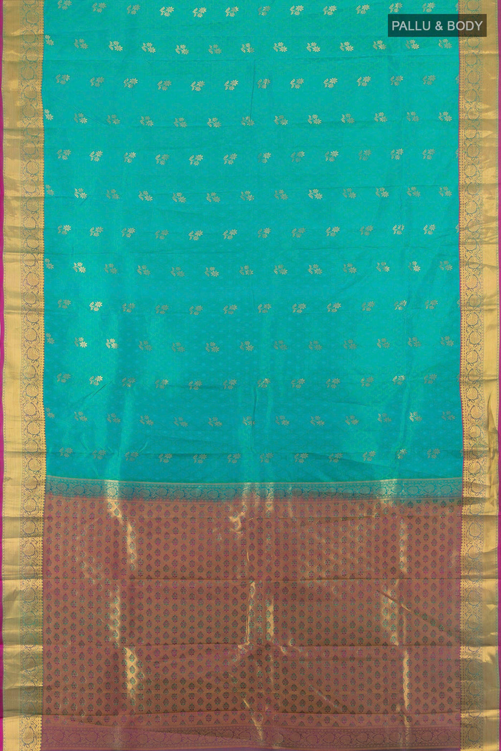 Flat view of Pure Silk Turquoise Kanchipuram Saree with Jacquard With Zari Butta on the body and Zari Border. 