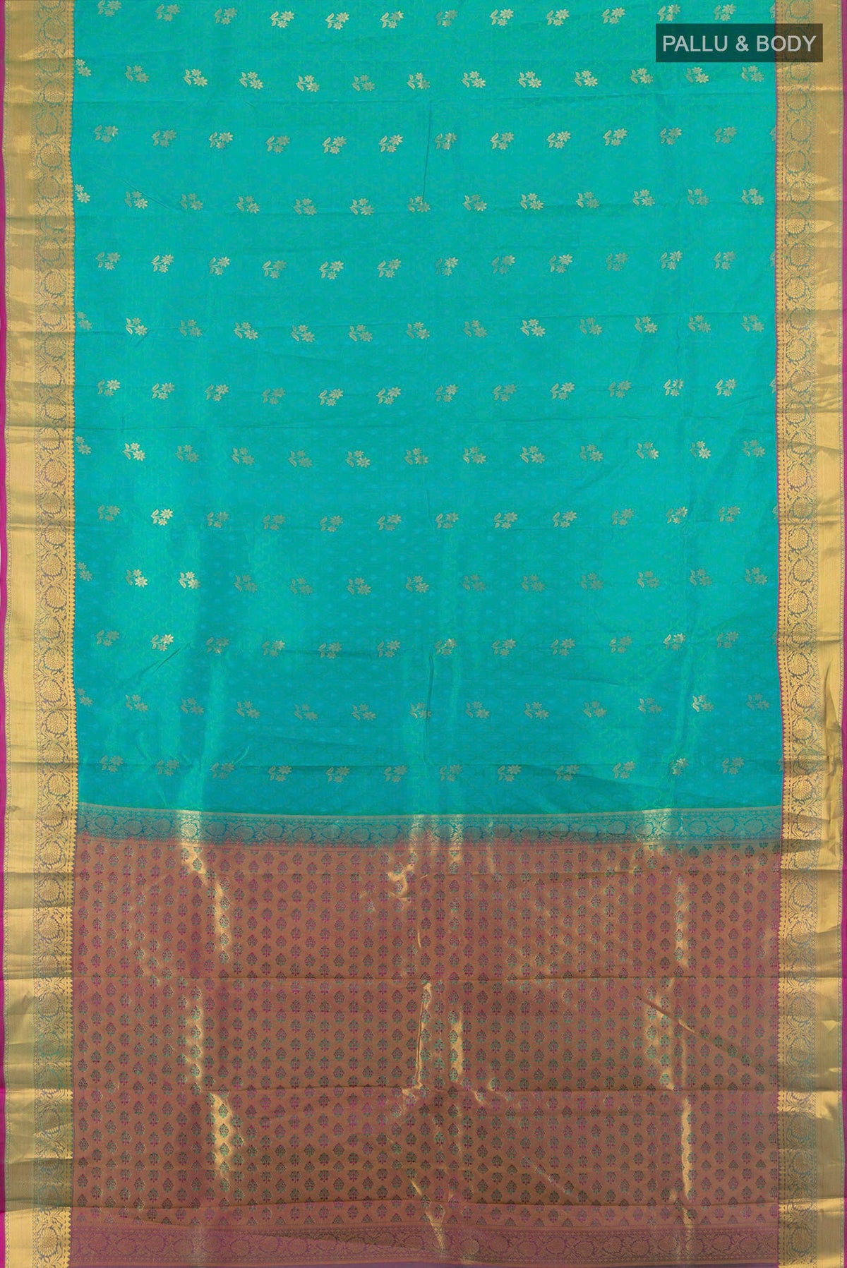 Flat view of Pure Silk Turquoise Kanchipuram Saree with Jacquard With Zari Butta on the body and Zari Border. 