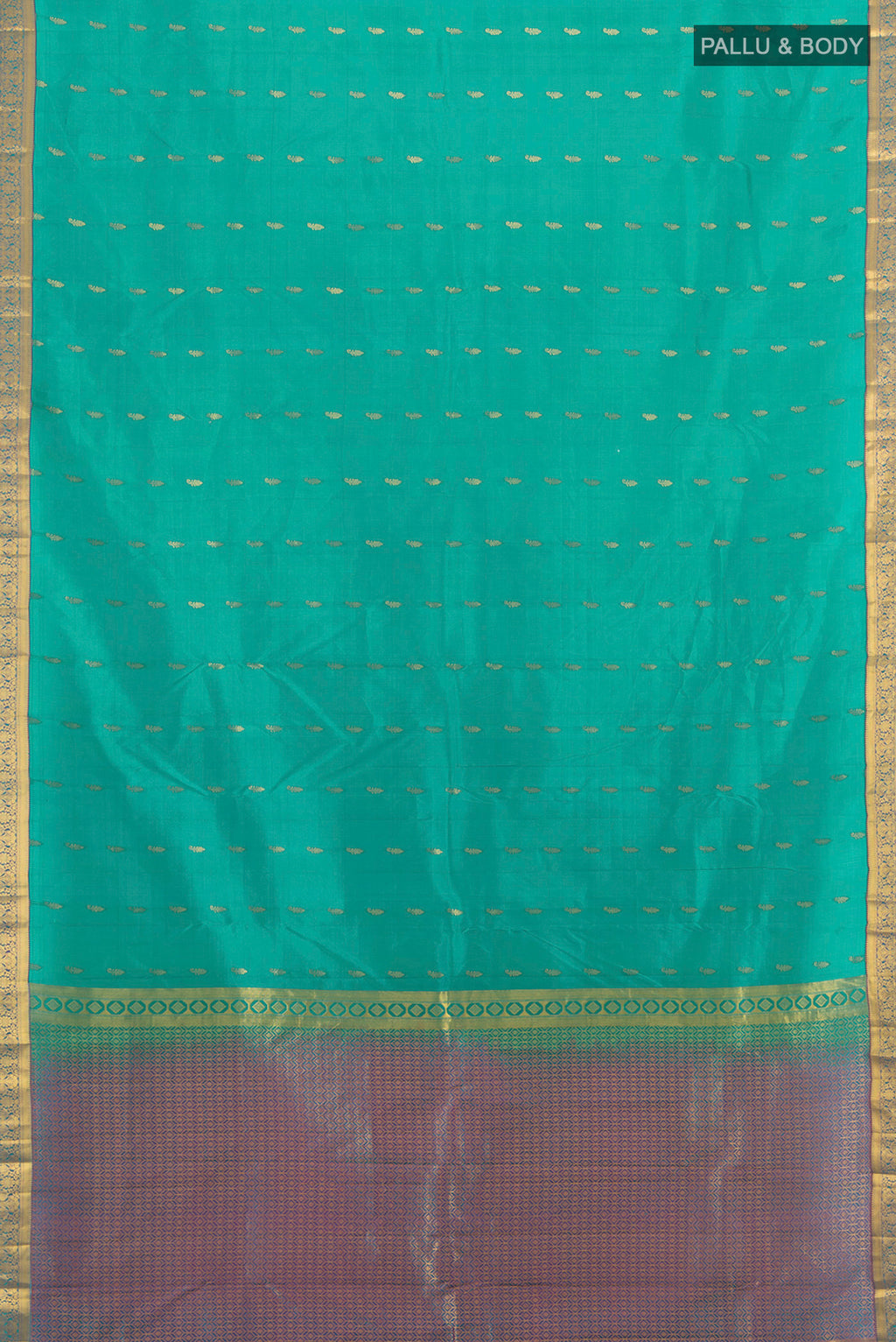 Flat view of Turquoise Kanjivaram Silk Saree with Zari Butta on the body and Zari Border. 