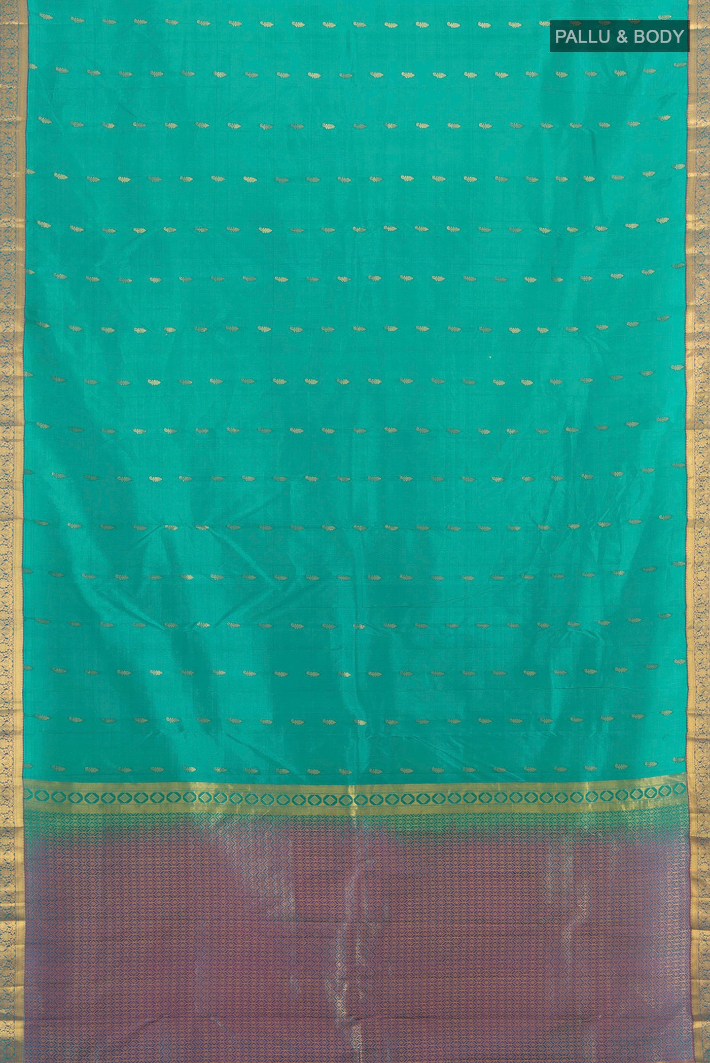 Flat view of Turquoise Kanjivaram Silk Saree with Zari Butta on the body and Zari Border. 
