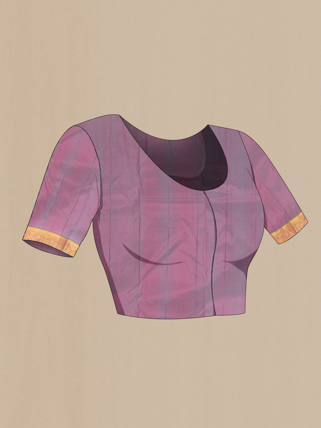 Close up image of the blouse of Golden Peach Kanjivaram Silk Saree with Zari Butta on the body and Zari Border. 