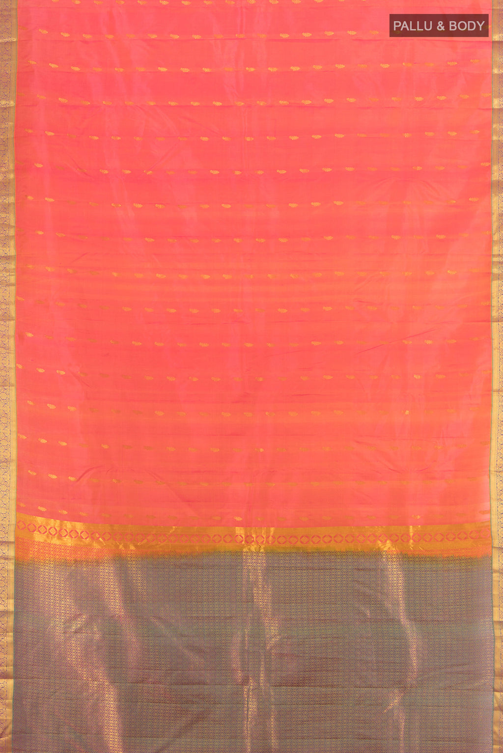 Flat view of Golden Peach Kanjivaram Silk Saree with Zari Butta on the body and Zari Border. 