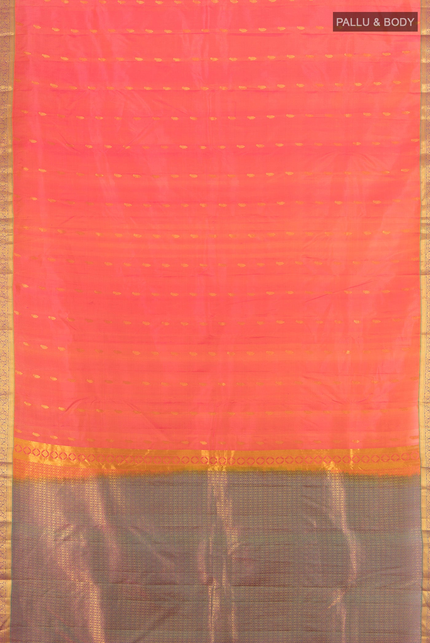 Flat view of Golden Peach Kanjivaram Silk Saree with Zari Butta on the body and Zari Border. 