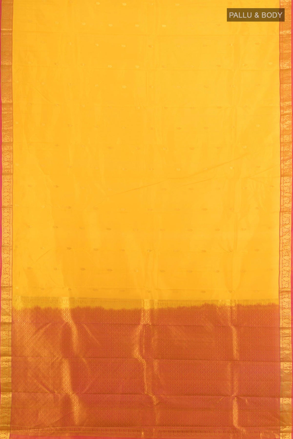 Flat view of Pure Silk Yellow Kanjivaram Saree with Zari Butta on the body and Zari Border. 