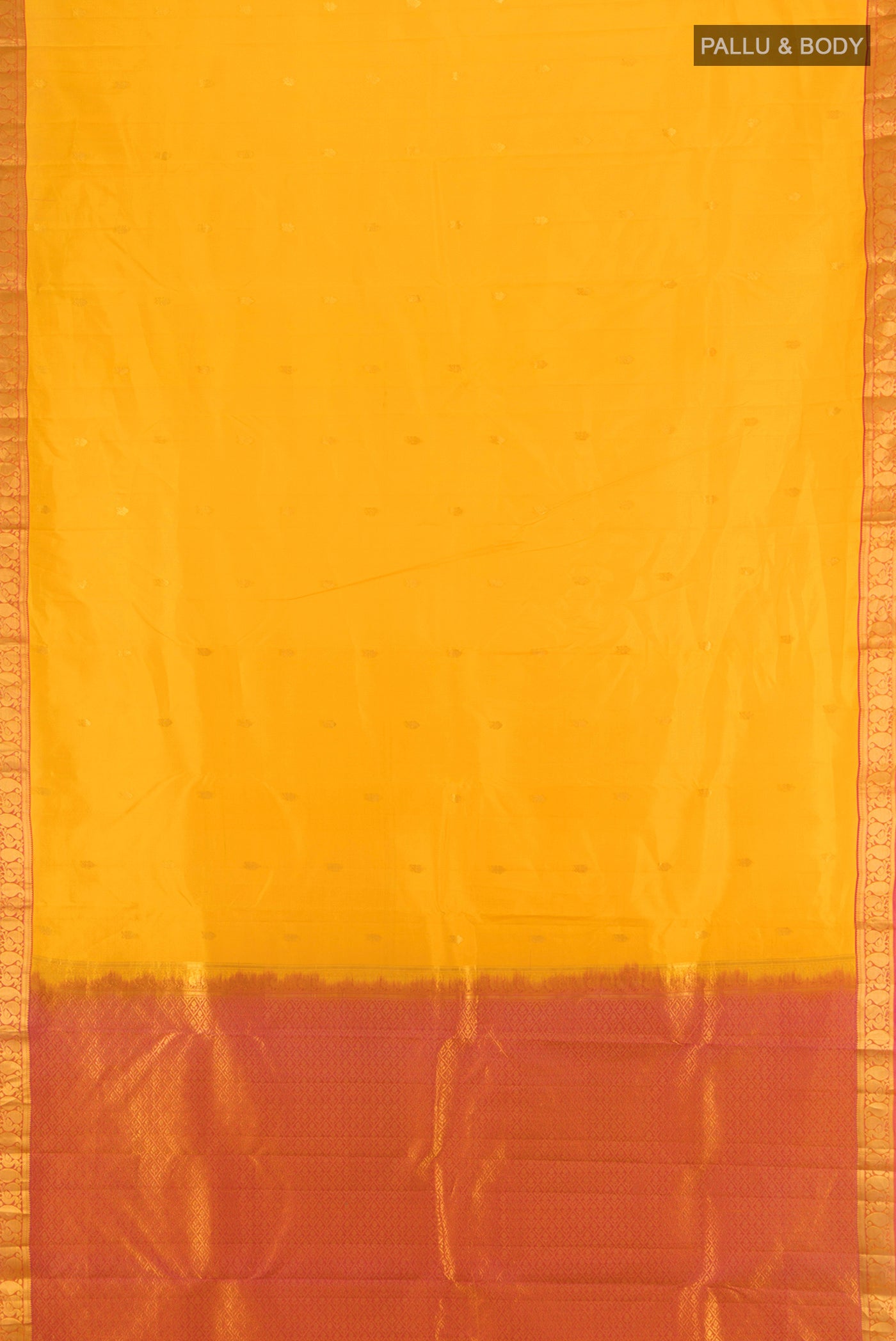 Flat view of Yellow Kanjivaram Silk Saree with Zari Butta on the body and Zari Border. 