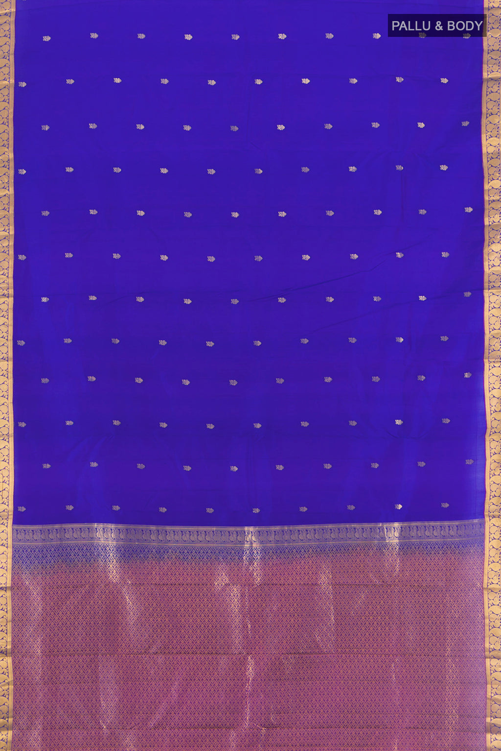 Flat view of Royal Blue Kanjivaram Silk Saree with Zari Butta on the body and Zari Border. 
