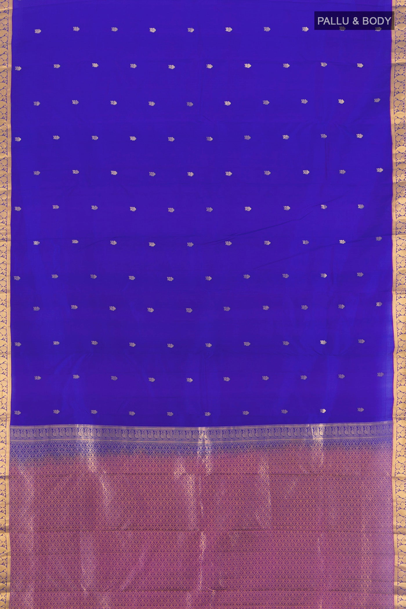 Flat view of Royal Blue Kanjivaram Silk Saree with Zari Butta on the body and Zari Border. 